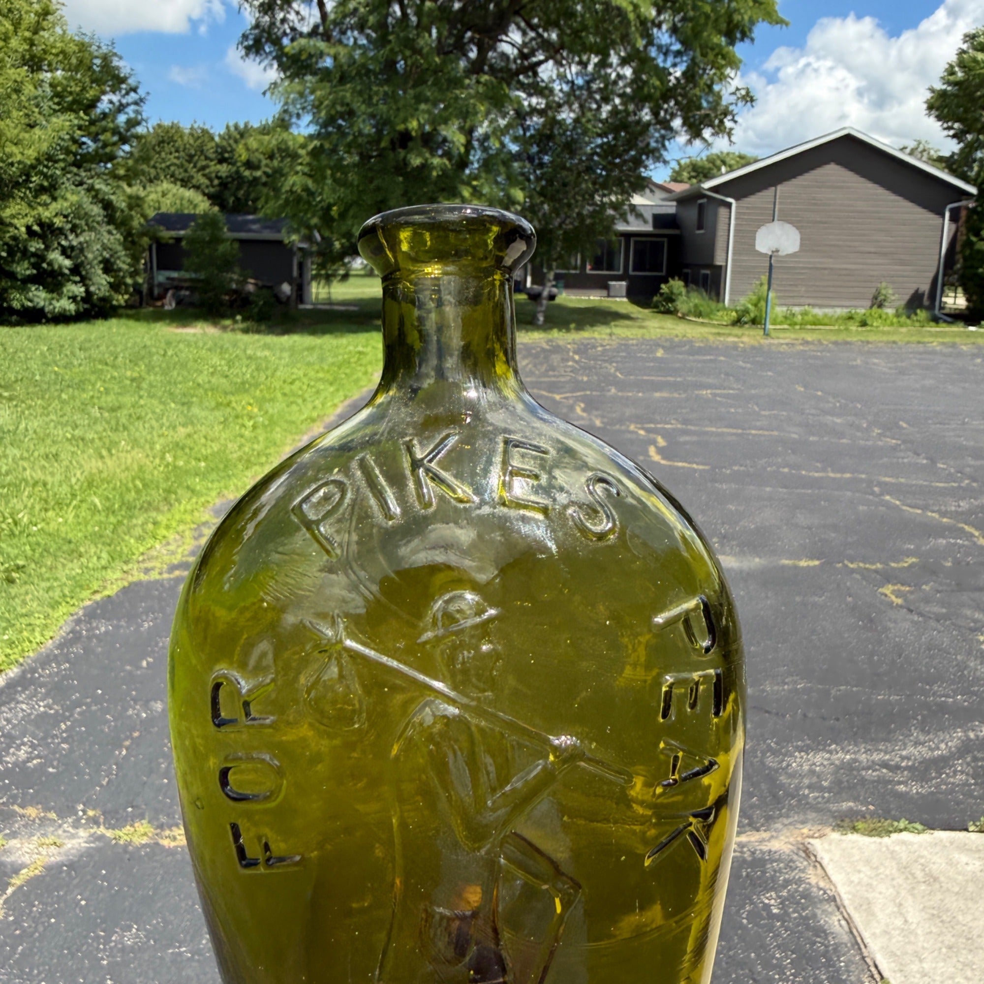 For Pikes Peak Flask Bottle Olive Green Glass Quart 1960s Reproduction