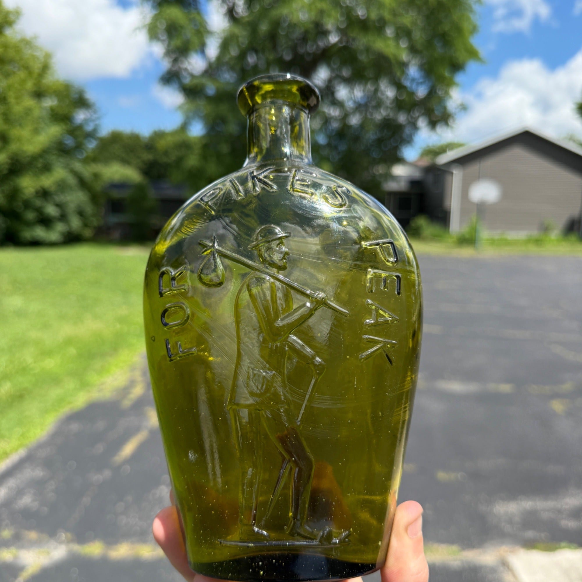 For Pikes Peak Flask Bottle Olive Green Glass Quart 1960s Reproduction