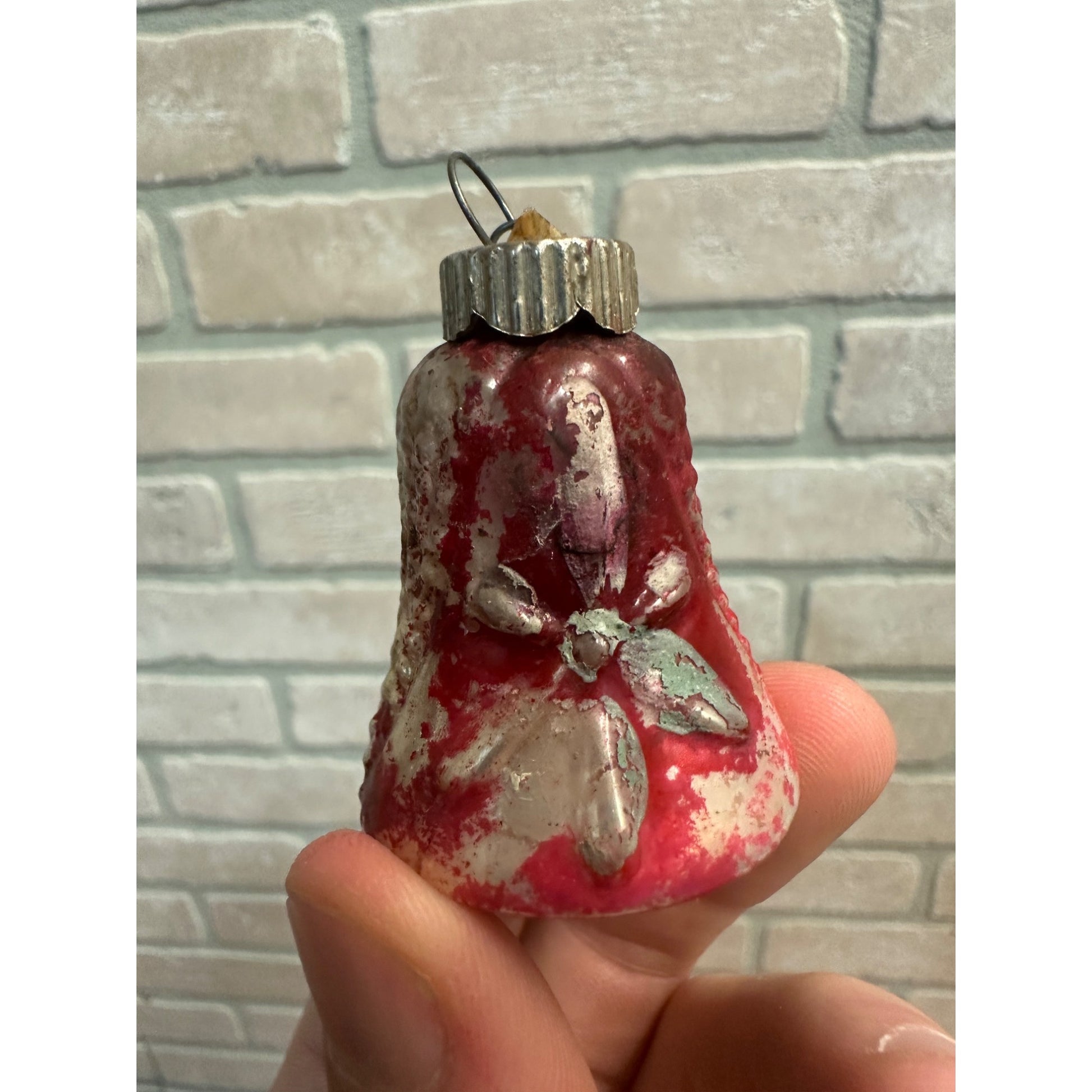 Antique 1900s German Mercury Blown Glass Ornament Bell w/ Flowers Red