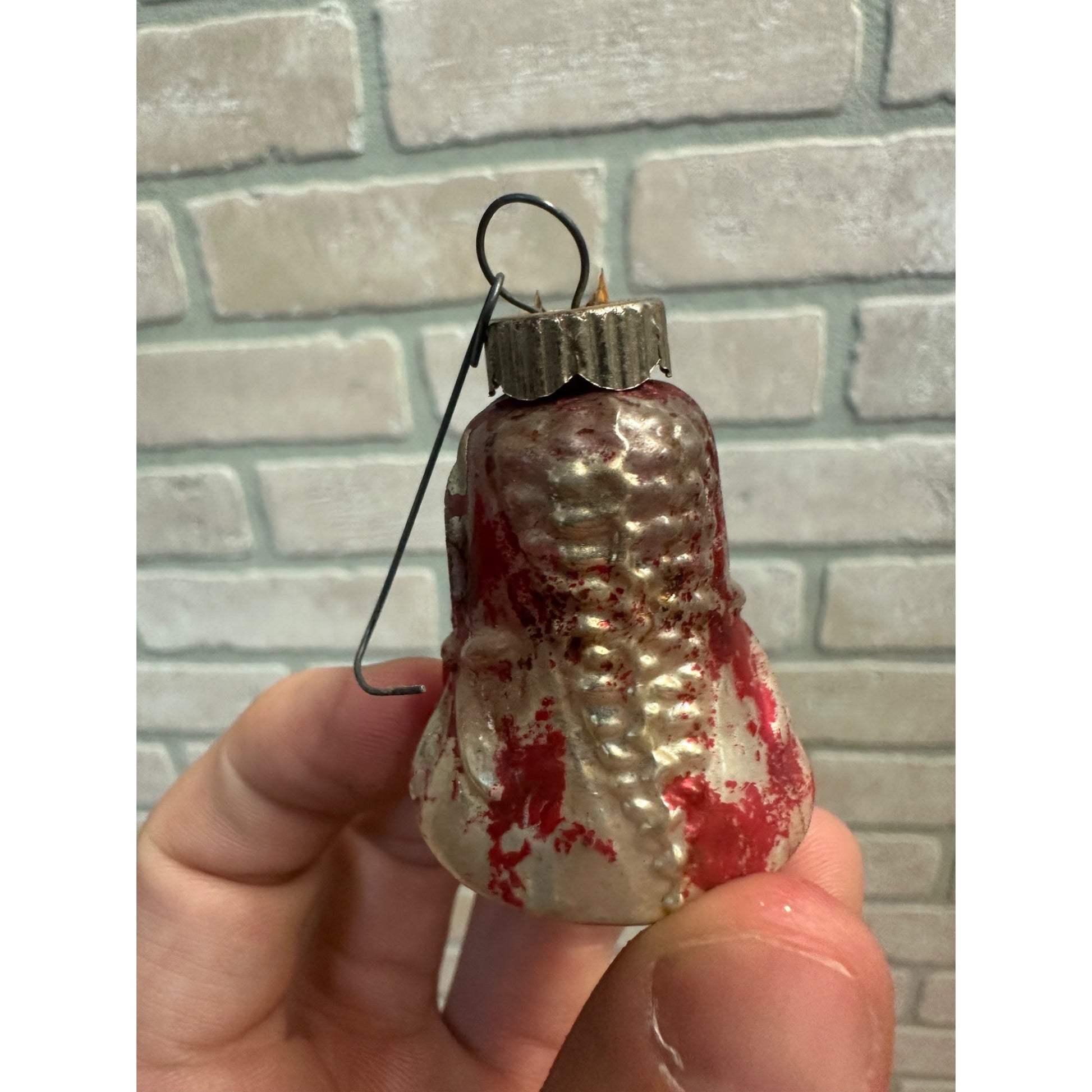 Antique 1900s German Mercury Blown Glass Ornament Bell w/ Flowers Red