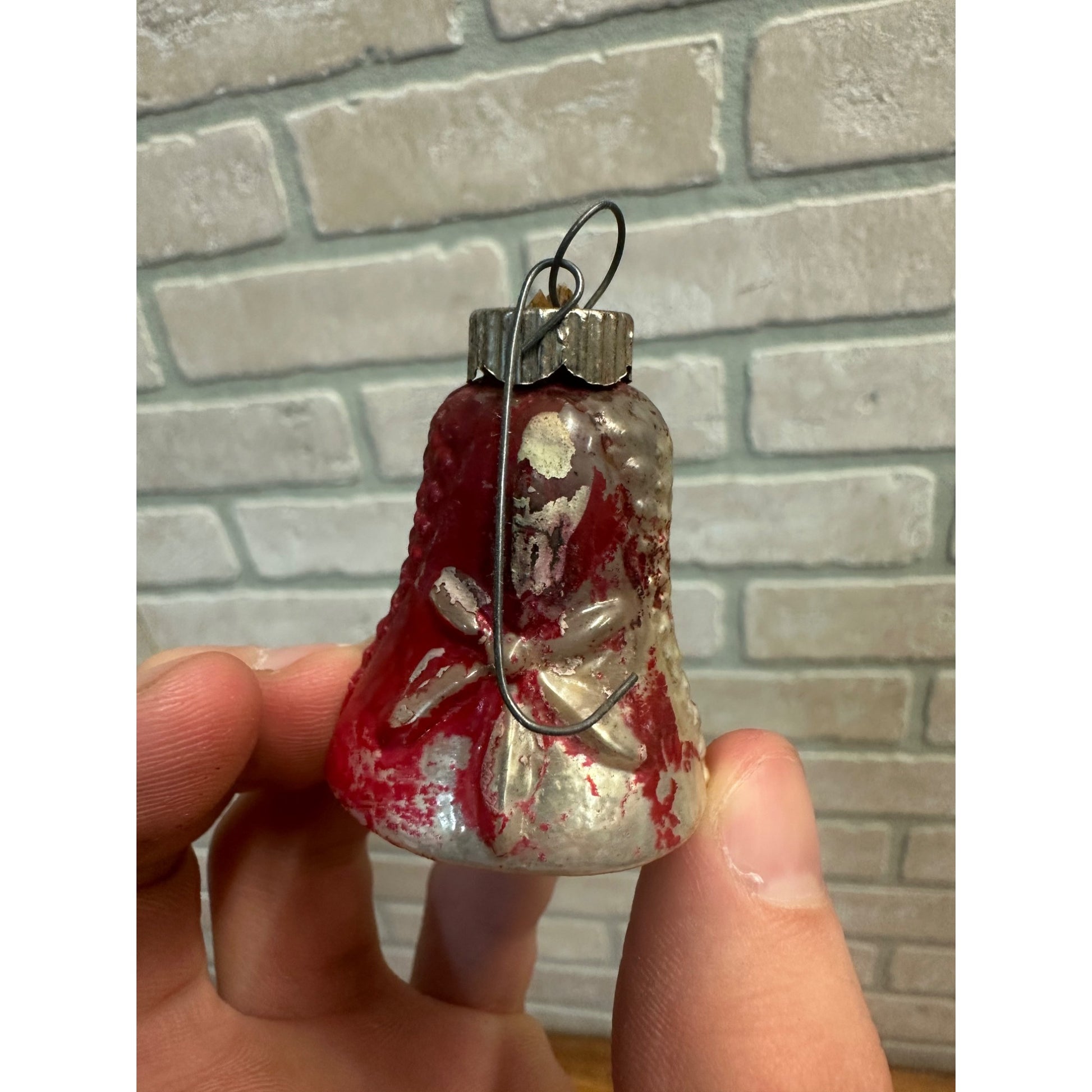 Antique 1900s German Mercury Blown Glass Ornament Bell w/ Flowers Red