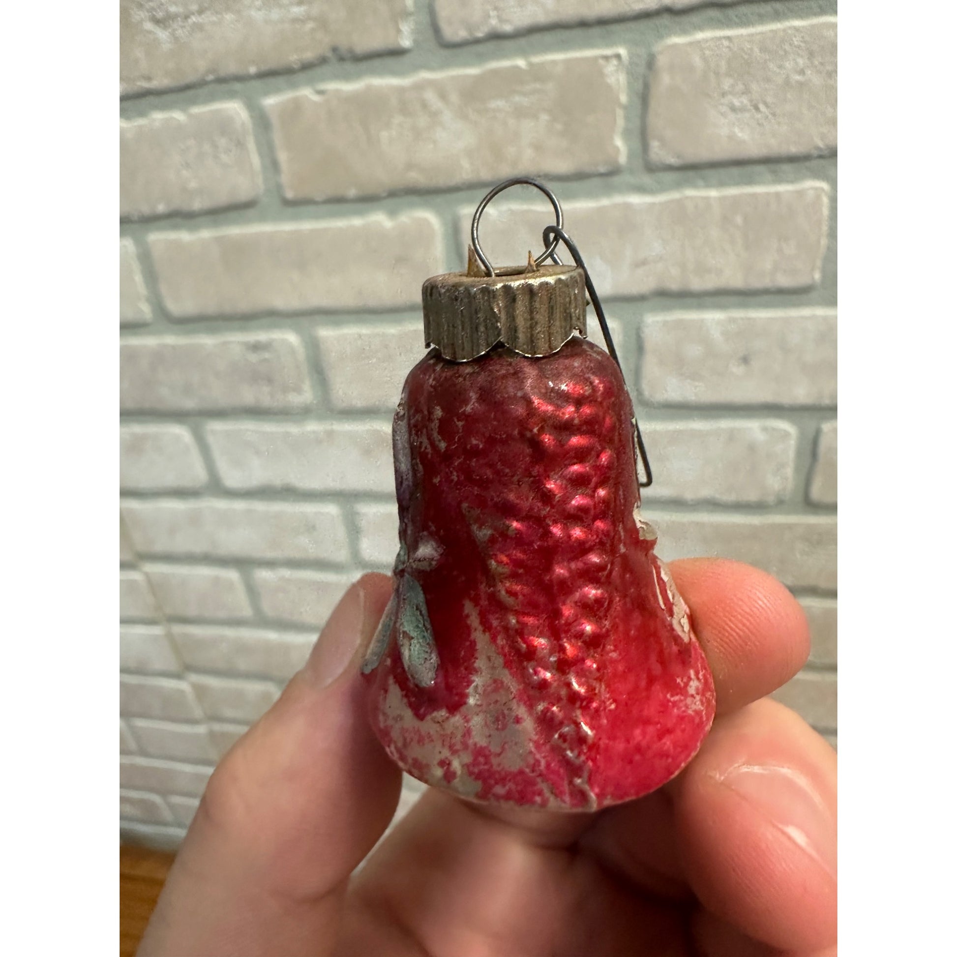 Antique 1900s German Mercury Blown Glass Ornament Bell w/ Flowers Red