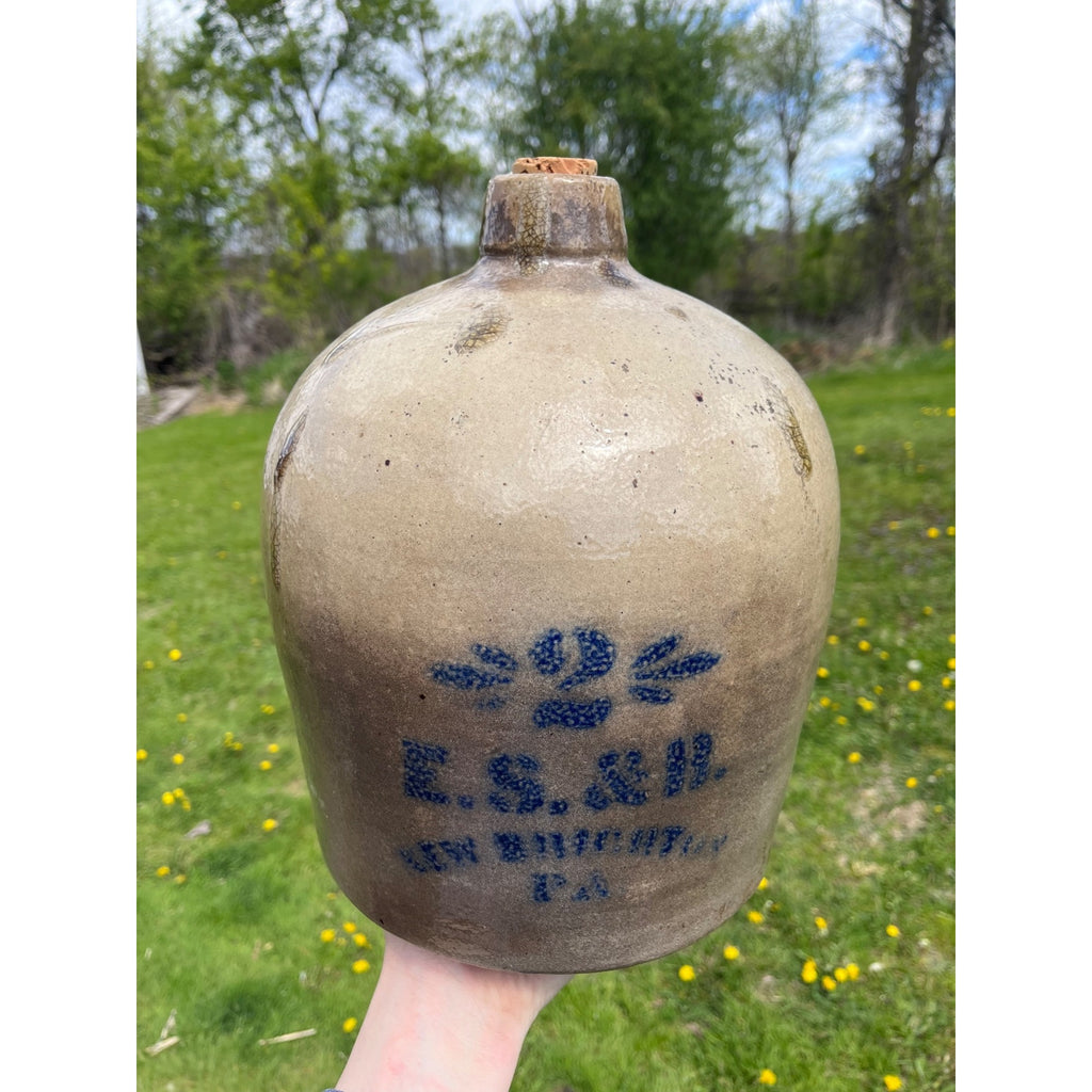 Primitive 19th c. Salt Glazed Stoneware Jug E.S. & B Cobalt Newbrighton PA 2 Gal