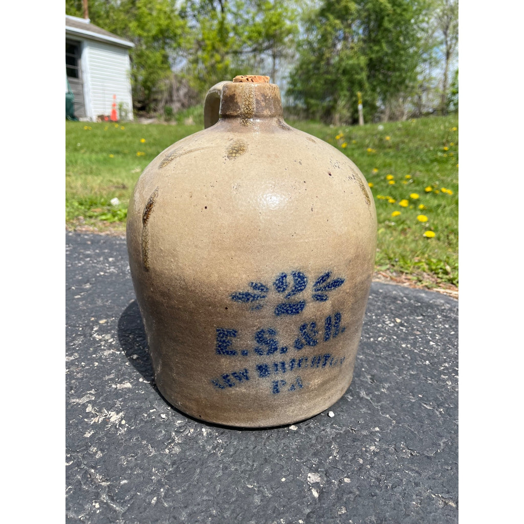 Primitive 19th c. Salt Glazed Stoneware Jug E.S. & B Cobalt Newbrighton PA 2 Gal