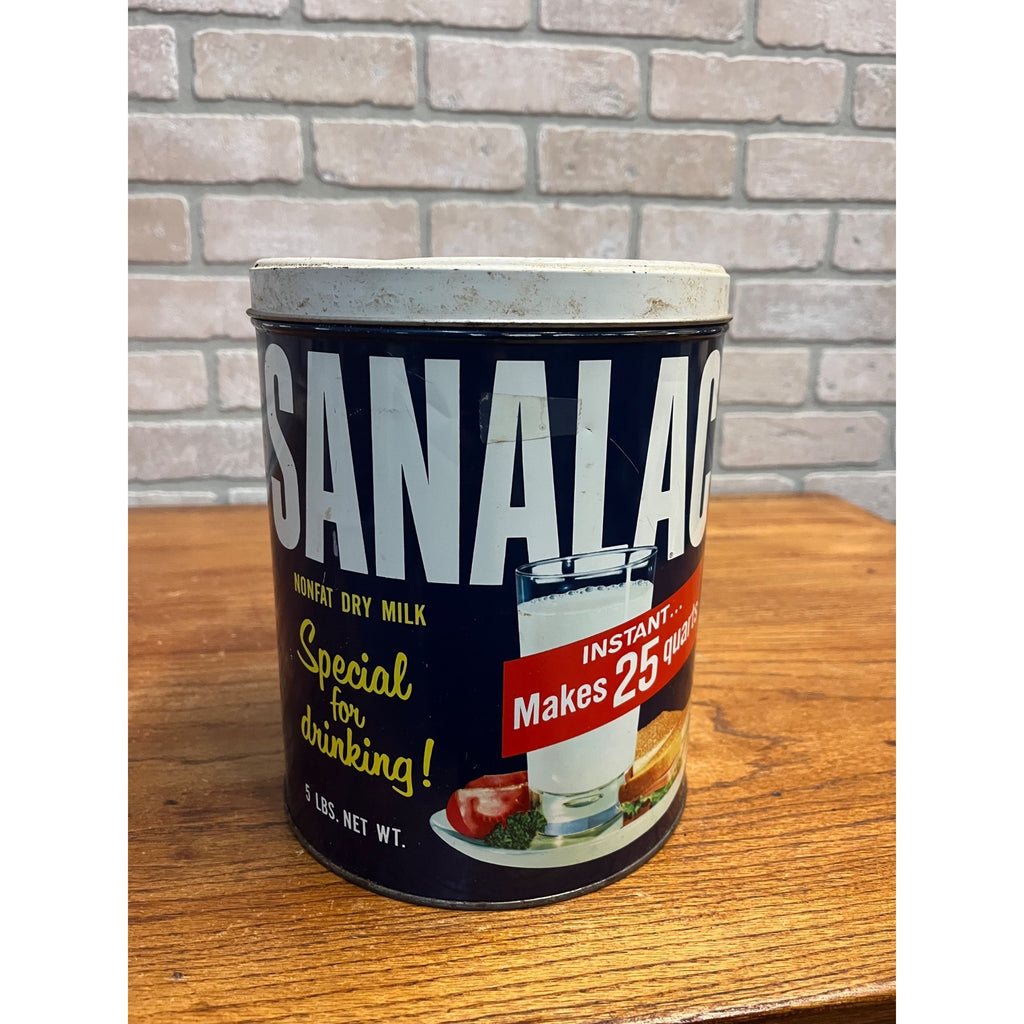 Vintage Sanalac Nonfat Dry Milk 5 lb Metal Tin Can Empty Advertising  Madison WI