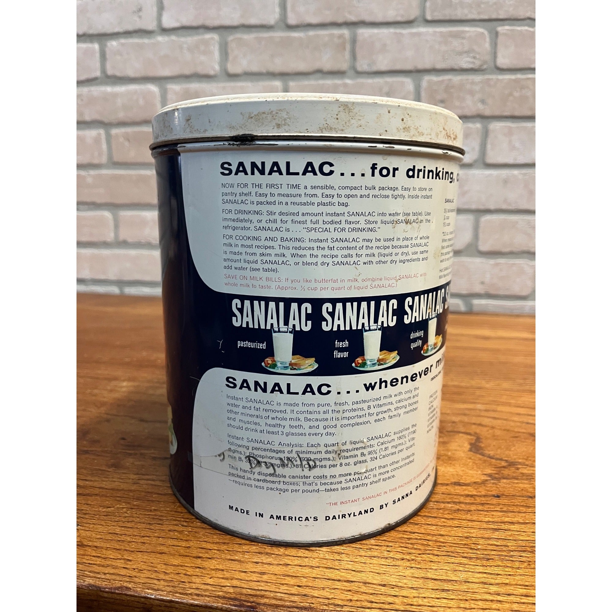 Vintage Sanalac Nonfat Dry Milk 5 lb Metal Tin Can Empty Advertising  Madison WI