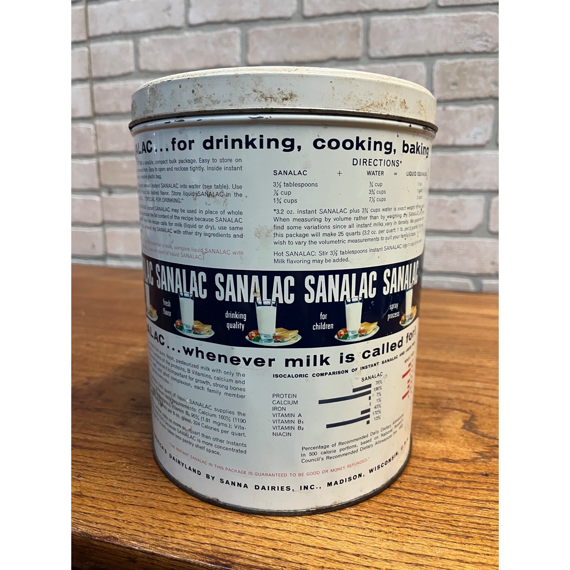 Vintage Sanalac Nonfat Dry Milk 5 lb Metal Tin Can Empty Advertising  Madison WI