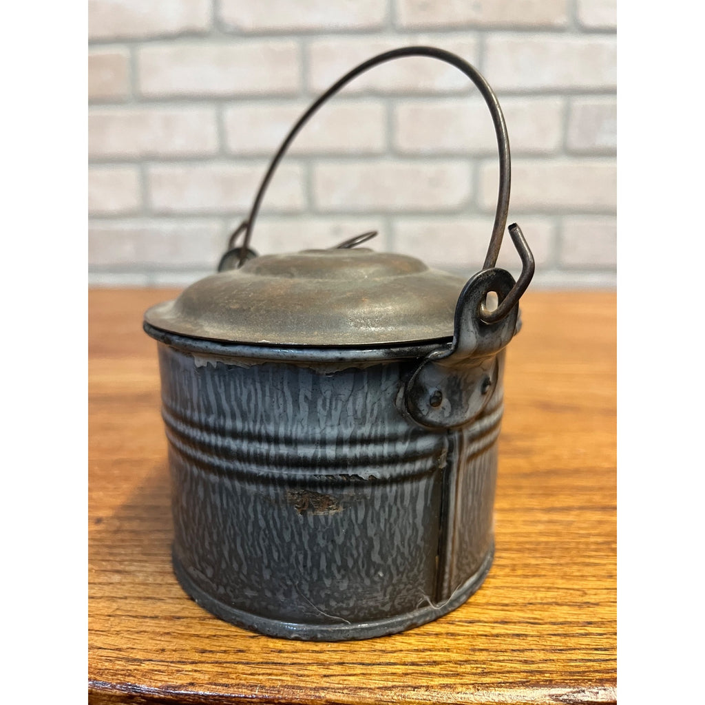 Antique Primitive Gray Enamel Graniteware Lidded Berry Bucket / Berry Pail / Farmhouse Decor, Miniature