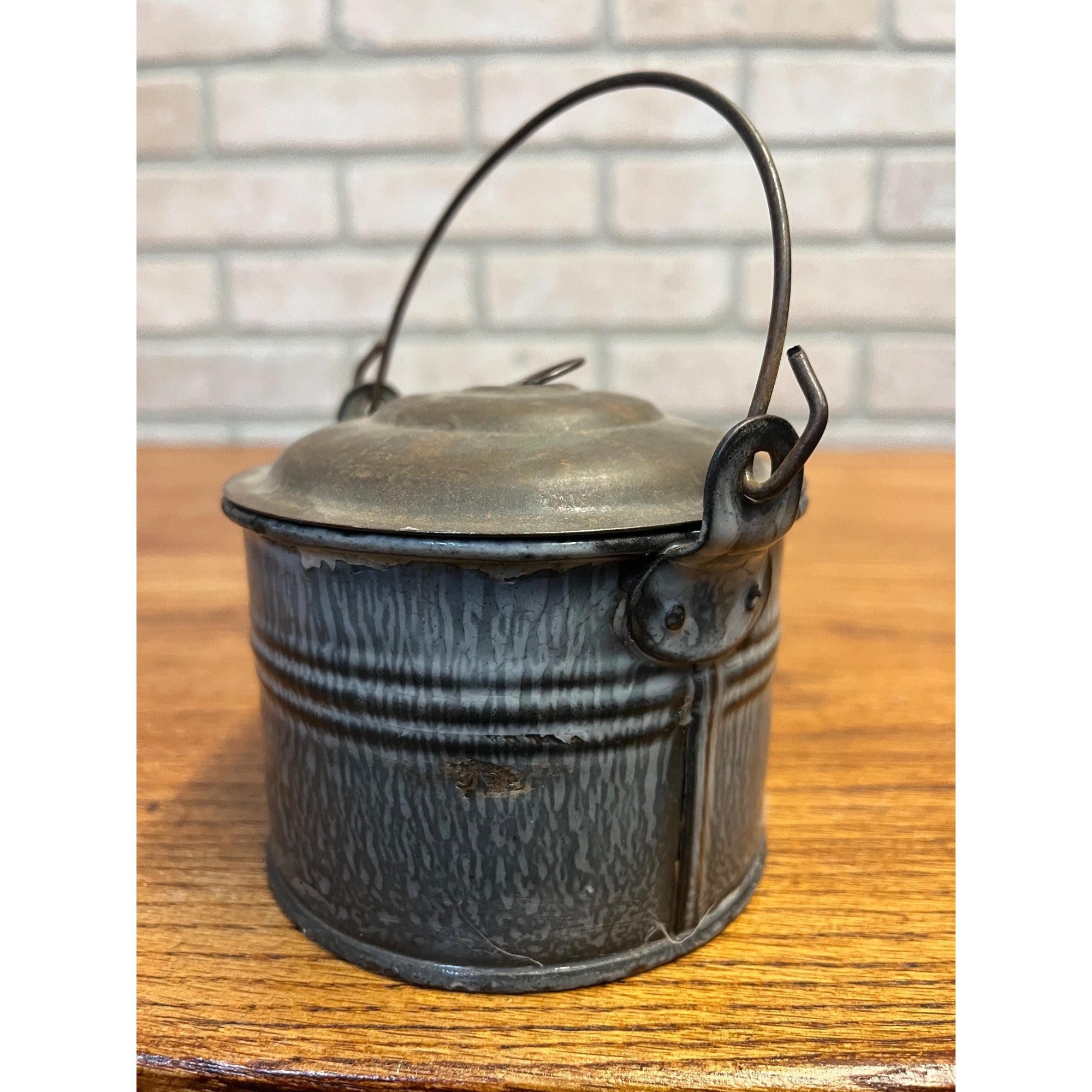 Antique Primitive Gray Enamel Graniteware Lidded Berry Bucket / Berry Pail / Farmhouse Decor, Miniature
