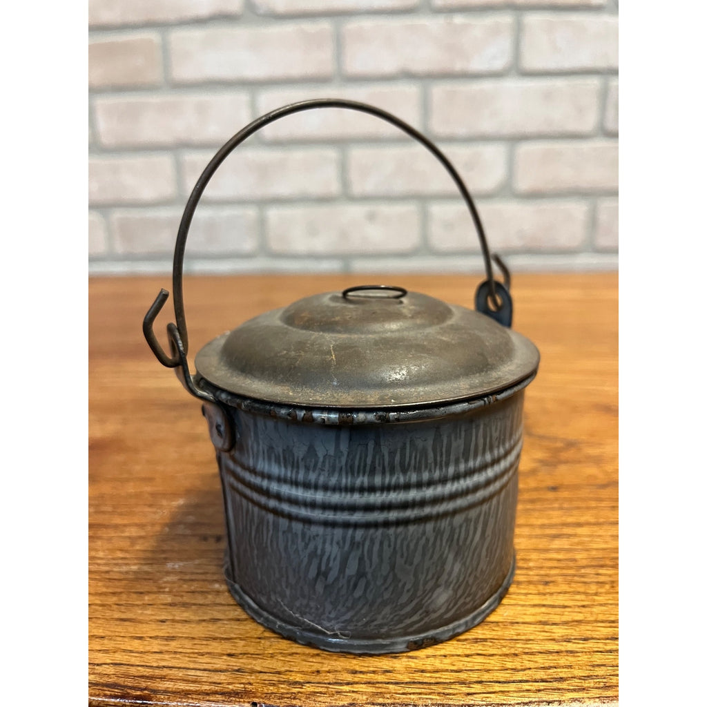 Antique Primitive Gray Enamel Graniteware Lidded Berry Bucket / Berry Pail / Farmhouse Decor, Miniature