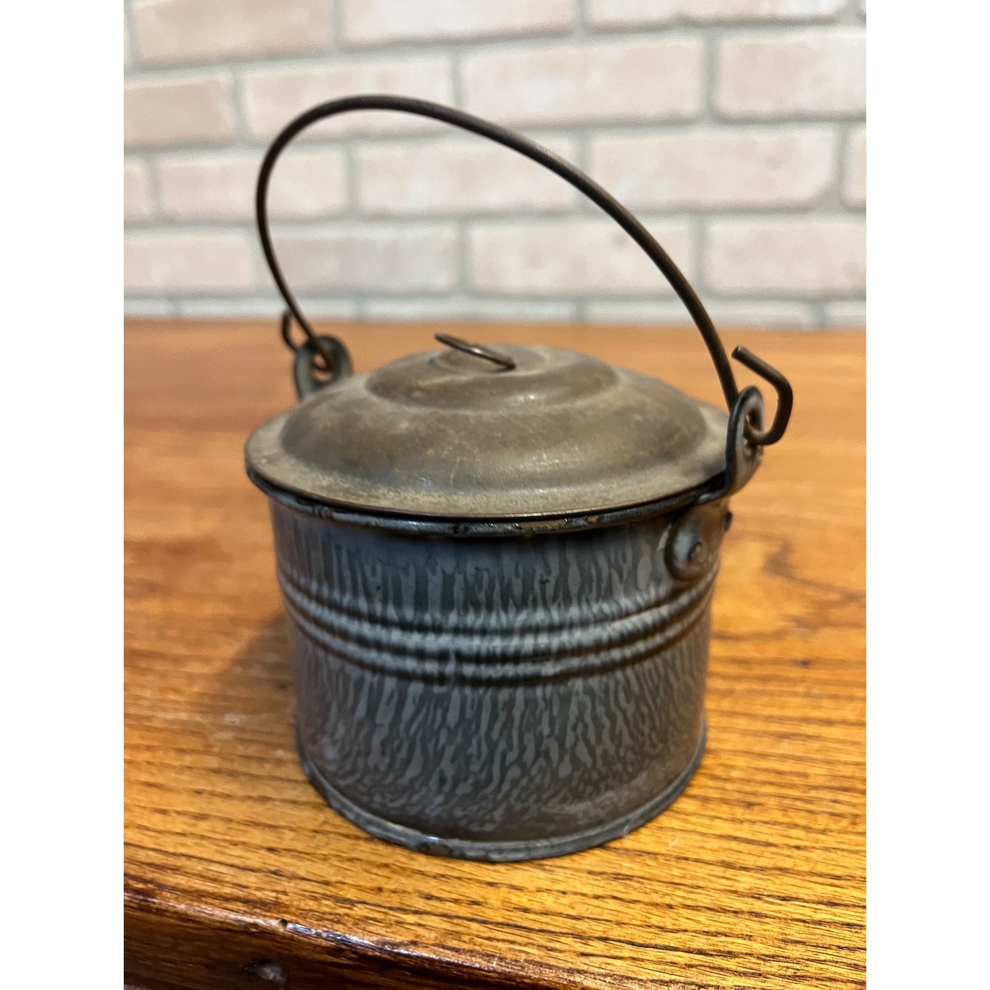 Antique Primitive Gray Enamel Graniteware Lidded Berry Bucket / Berry Pail / Farmhouse Decor, Miniature