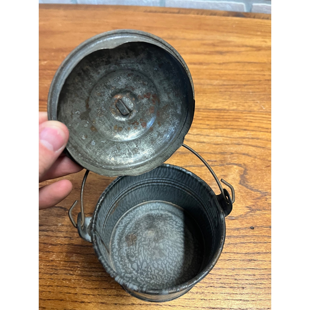 Antique Primitive Gray Enamel Graniteware Lidded Berry Bucket / Berry Pail / Farmhouse Decor, Miniature
