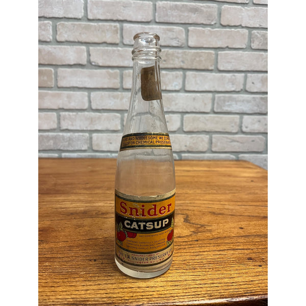 Vintage 1940s Snider Catsup Glass Bottle w/ Full Labels Advertising Kitchen Decor