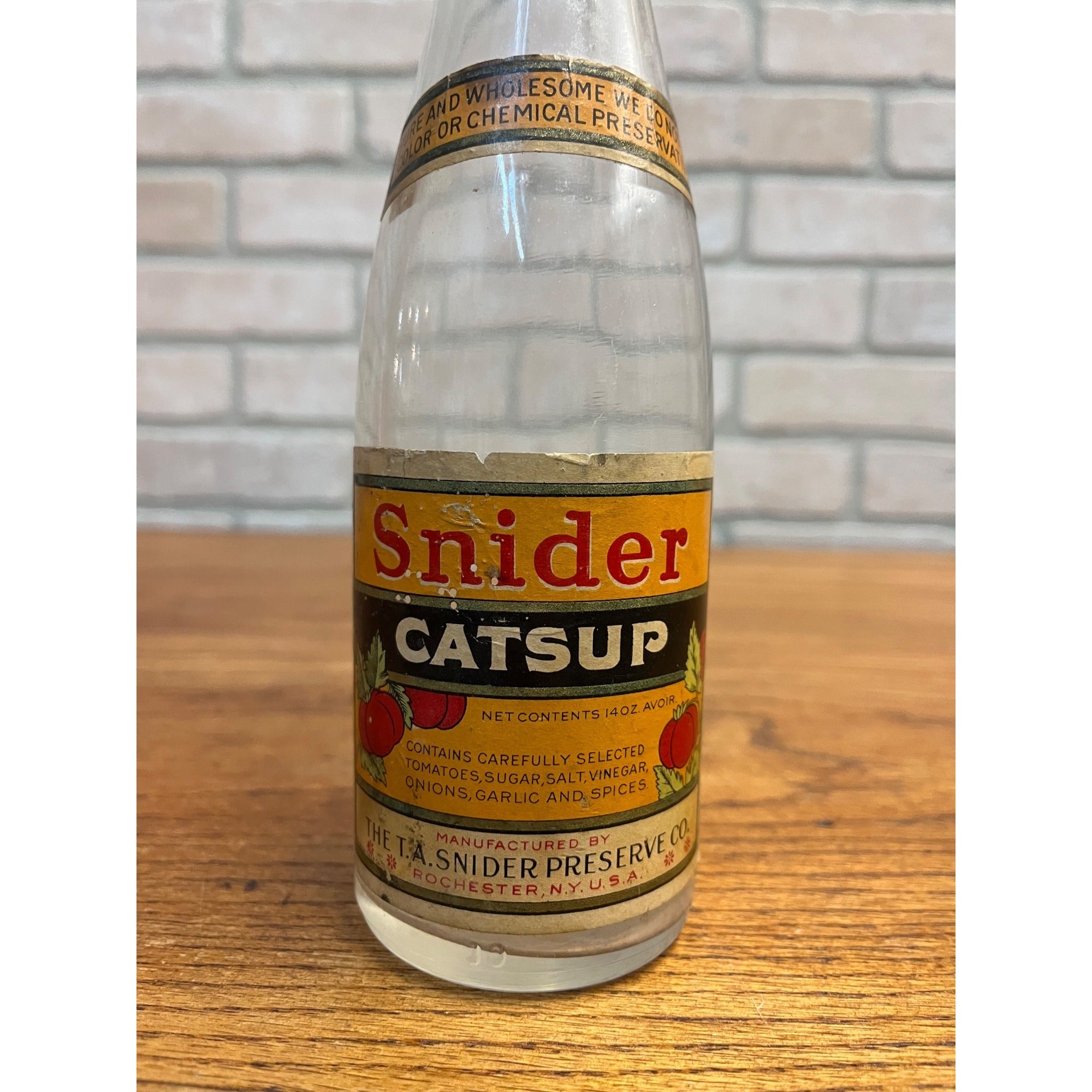 Vintage 1940s Snider Catsup Glass Bottle w/ Full Labels Advertising Kitchen Decor