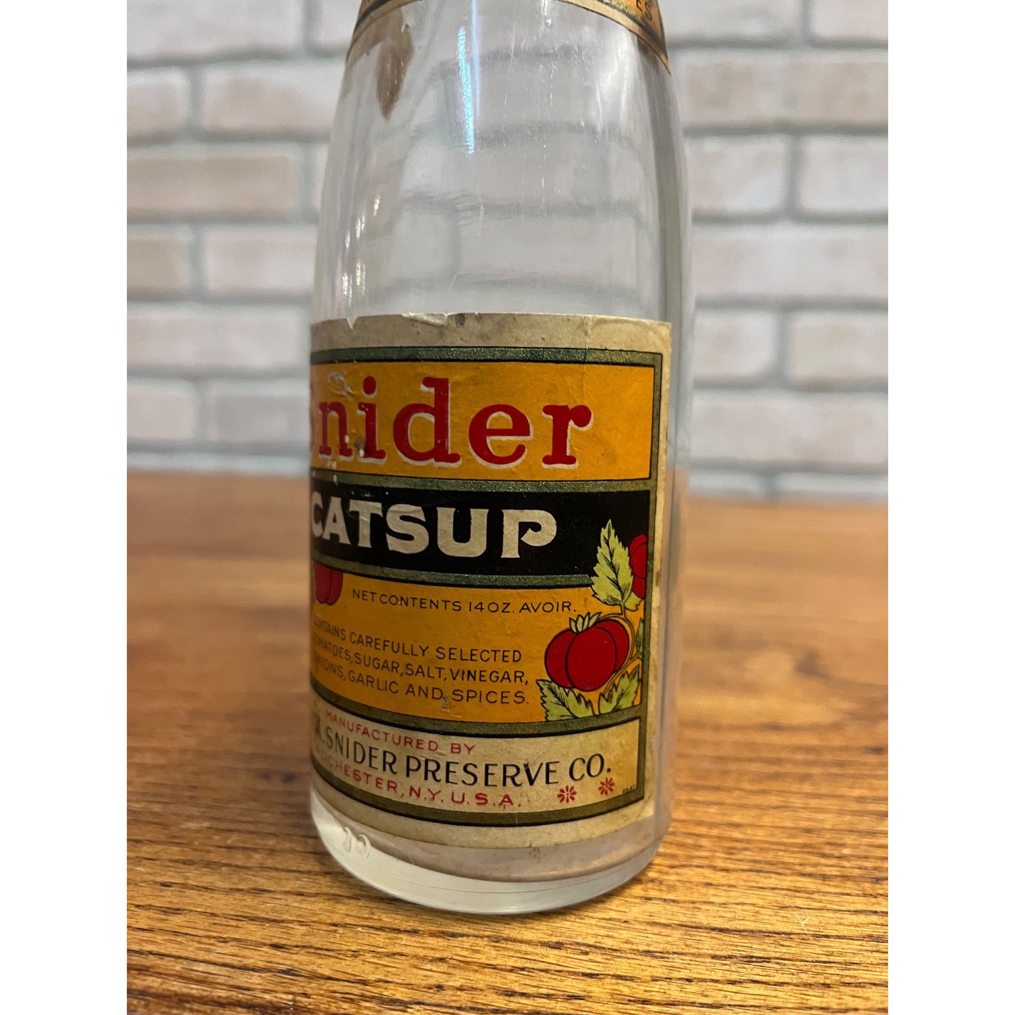 Vintage 1940s Snider Catsup Glass Bottle w/ Full Labels Advertising Kitchen Decor