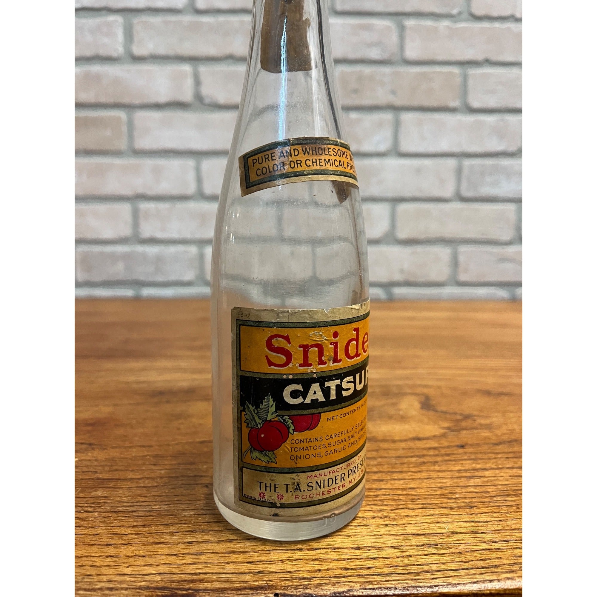 Vintage 1940s Snider Catsup Glass Bottle w/ Full Labels Advertising Kitchen Decor