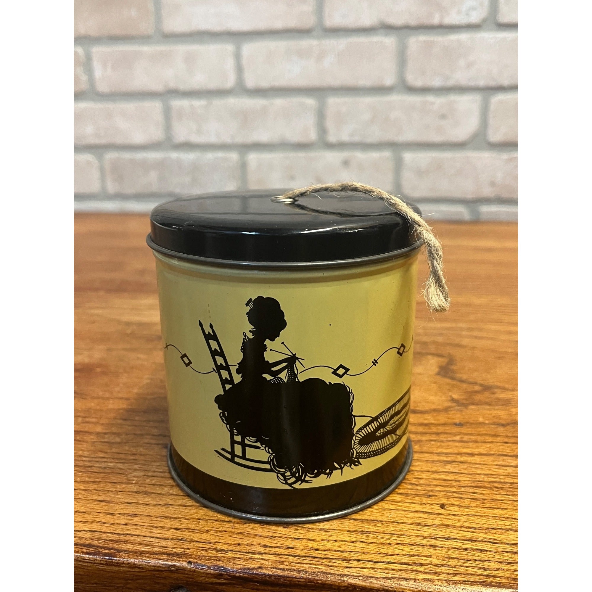 Vintage String, Yarn or Twine Holder Tin With Dispensing Lid Woman and Cat Silhouette Sewing Notions Cottagecore