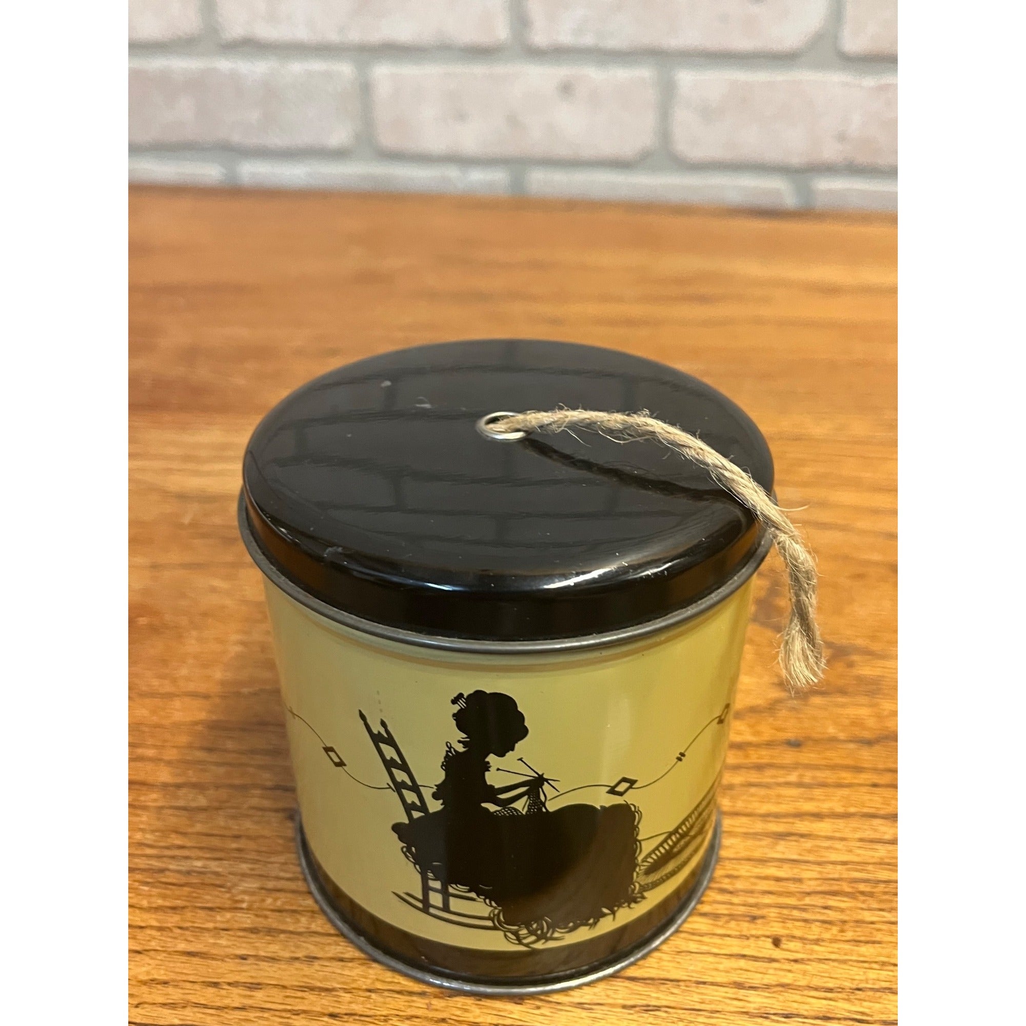 Vintage String, Yarn or Twine Holder Tin With Dispensing Lid Woman and Cat Silhouette Sewing Notions Cottagecore