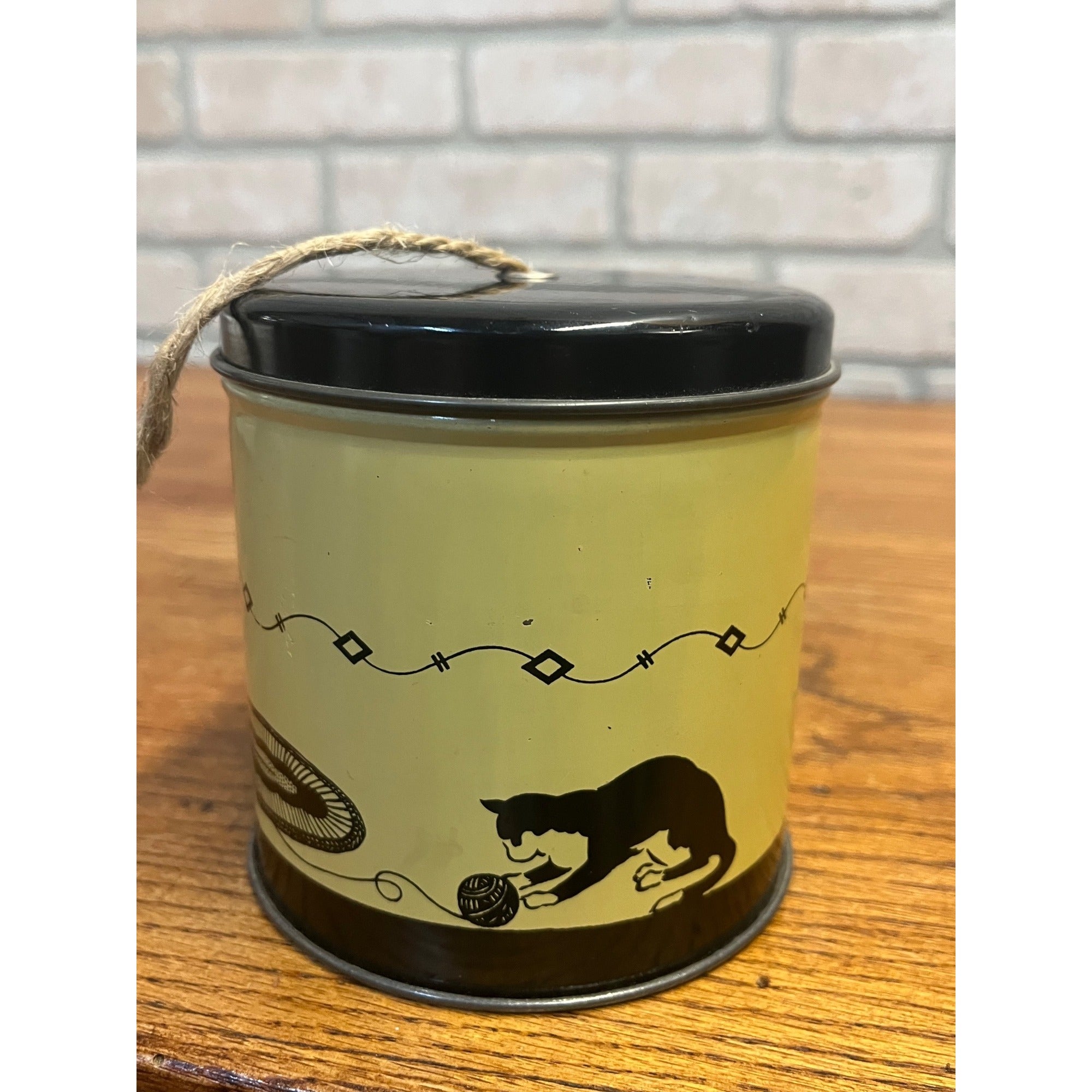 Vintage String, Yarn or Twine Holder Tin With Dispensing Lid Woman and Cat Silhouette Sewing Notions Cottagecore