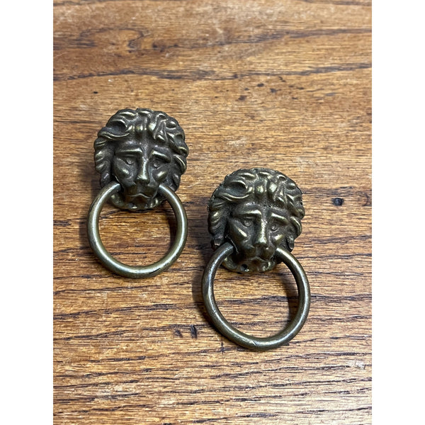Vintage Brass Lion Head Dresser Chest Drawer Cabinet Ring Pull Pair Salvage