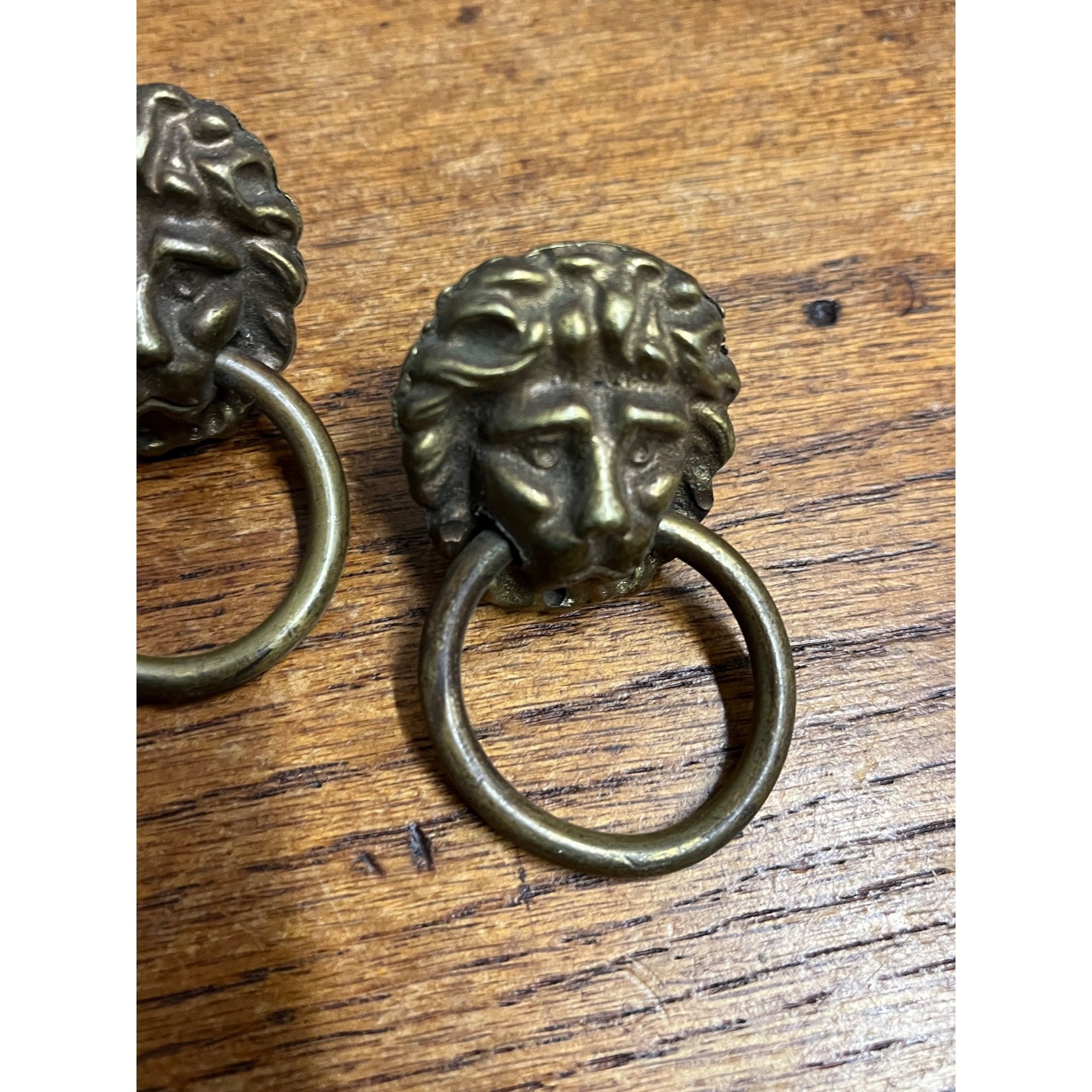 Vintage Brass Lion Head Dresser Chest Drawer Cabinet Ring Pull Pair Salvage
