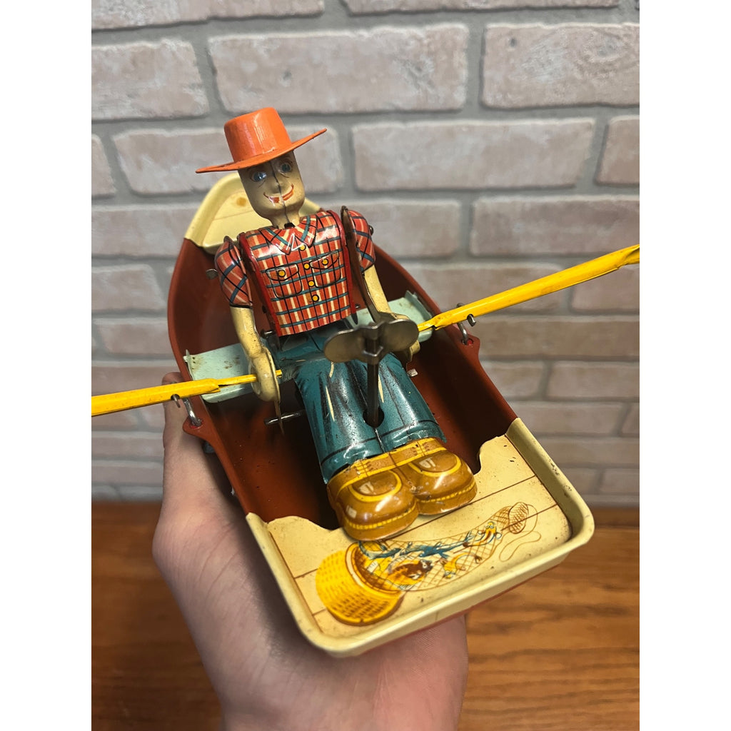 RARE Vintage 1950s Tin Litho Windup Row Rowing Boat Japan Momoya / Nikko w/ Box