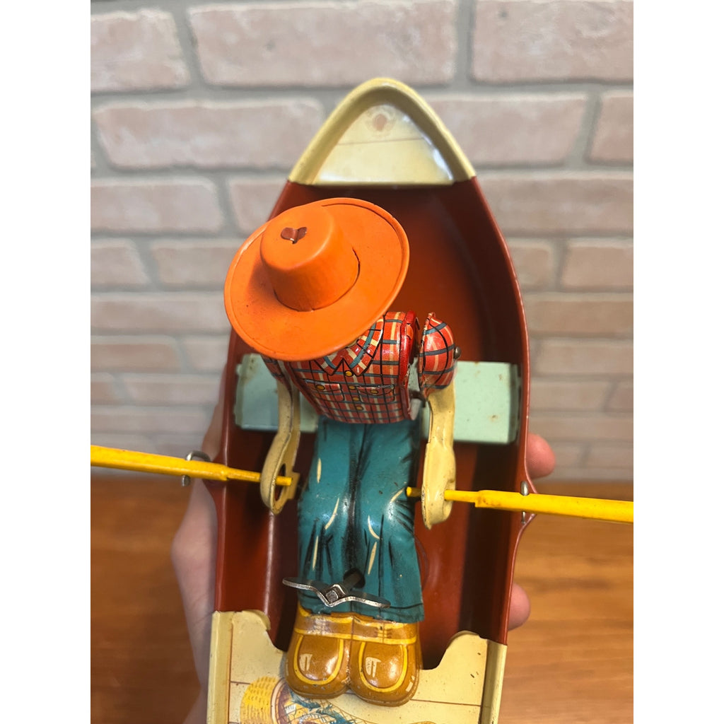 RARE Vintage 1950s Tin Litho Windup Row Rowing Boat Japan Momoya / Nikko w/ Box
