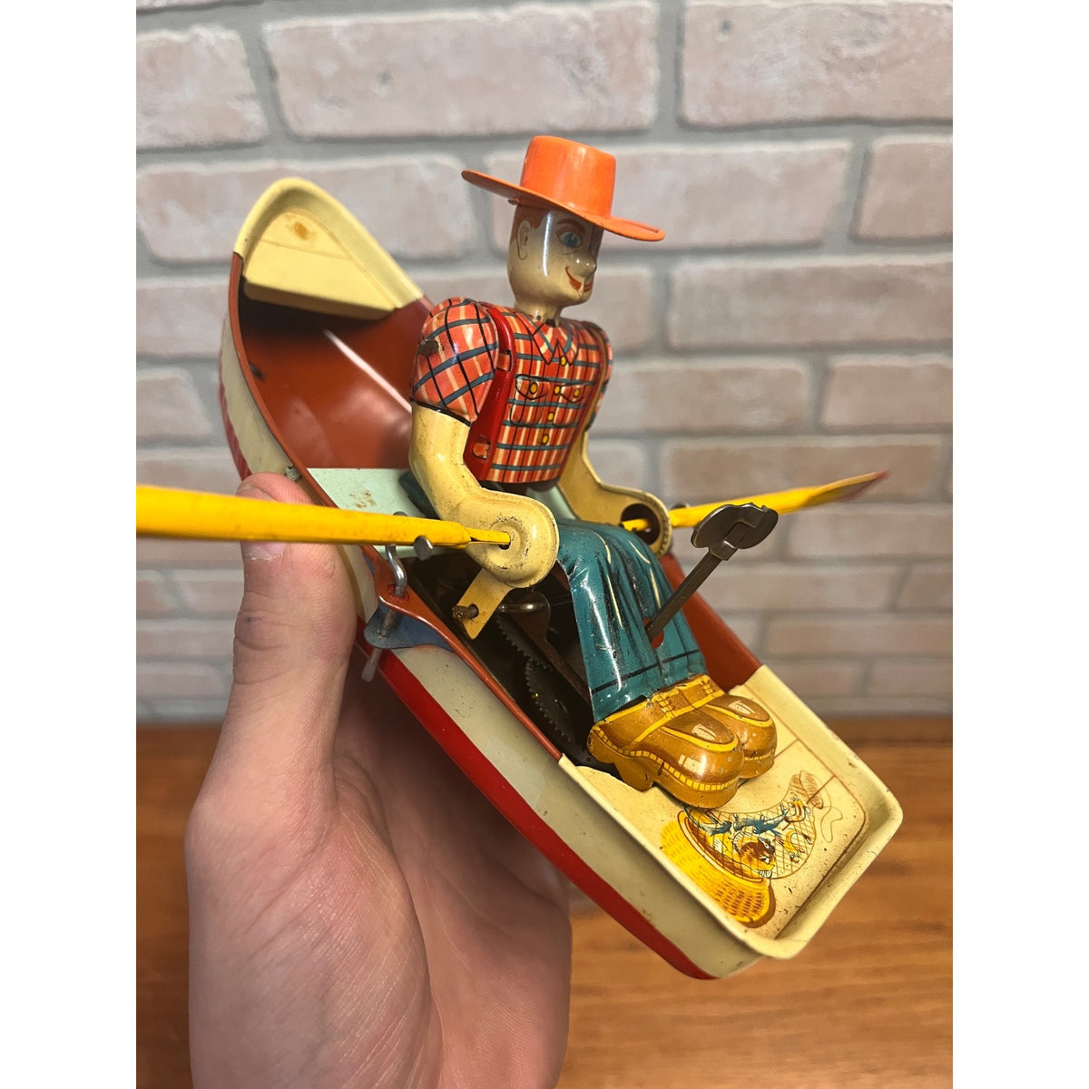 RARE Vintage 1950s Tin Litho Windup Row Rowing Boat Japan Momoya / Nikko w/ Box