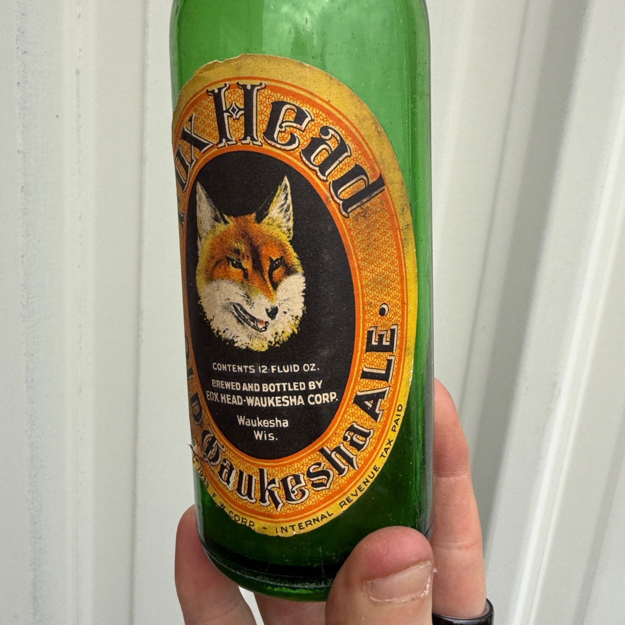 Vintage 1933 Fox Head Old Waukesha Ale Wisconsin Label Beer Bottle Pre-IRTP
