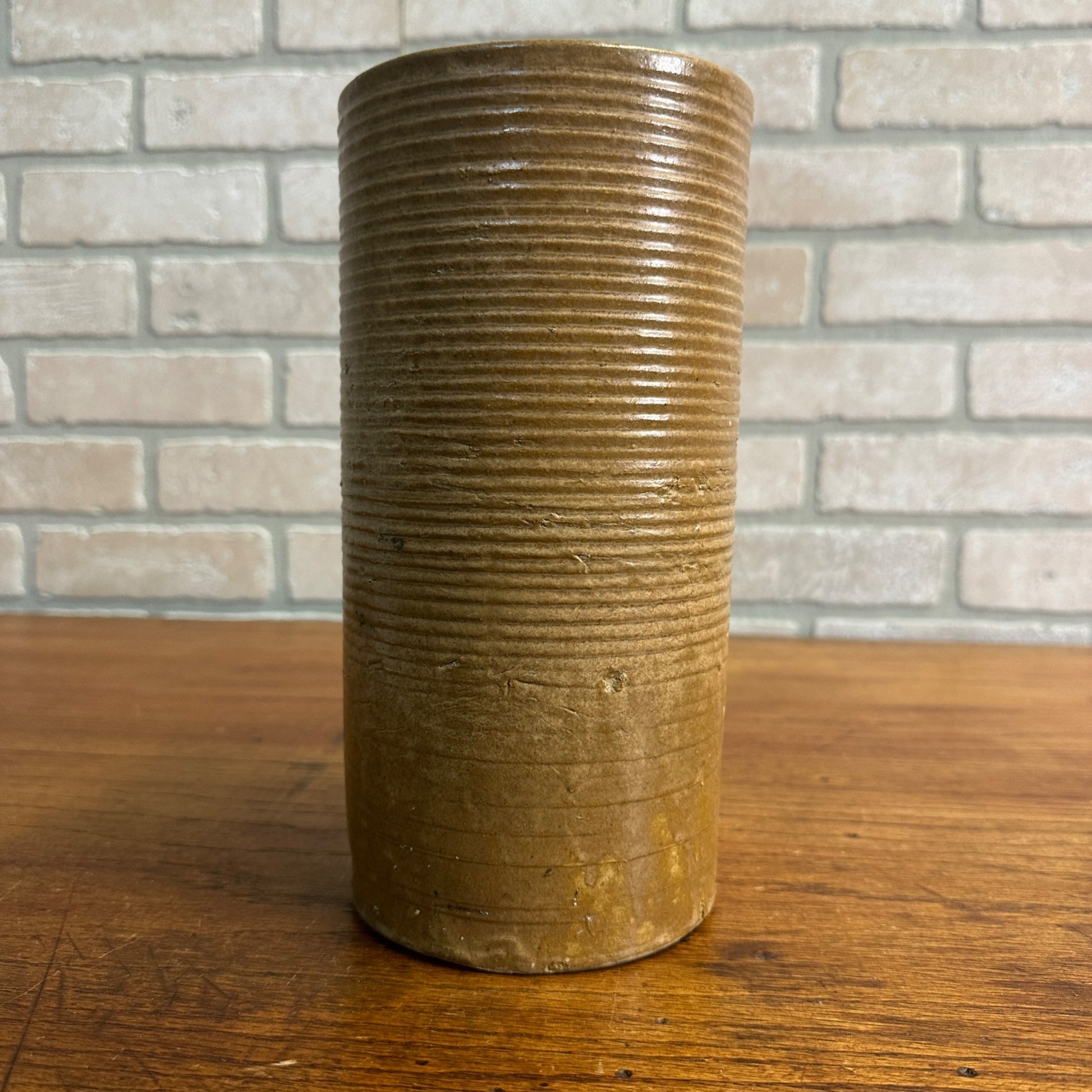 MCM Zanesville Stoneware Modern #4010 Cylinder Vase 9.5" Brown Yellow Glaze
