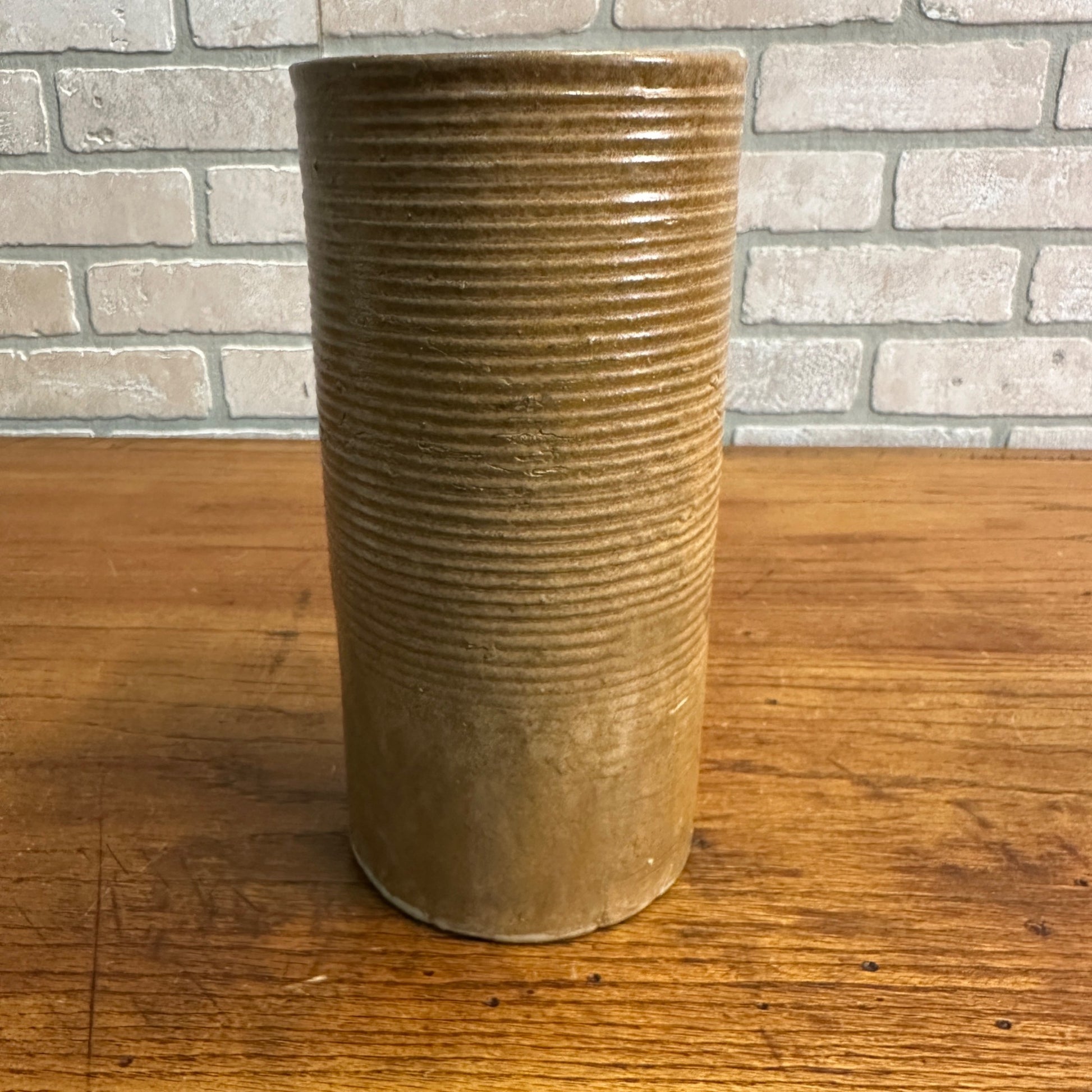 MCM Zanesville Stoneware Modern #4010 Cylinder Vase 9.5" Brown Yellow Glaze