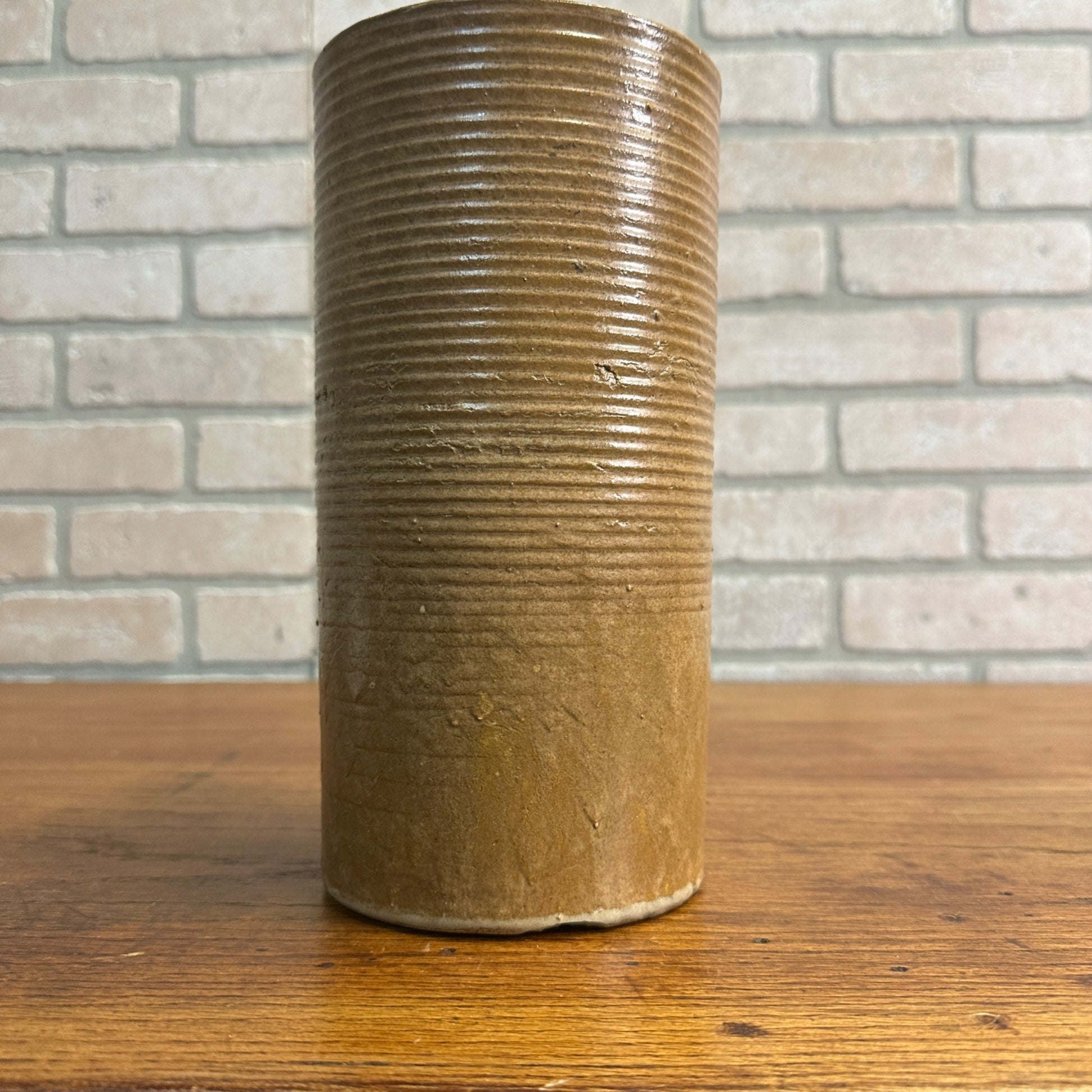 MCM Zanesville Stoneware Modern #4010 Cylinder Vase 9.5" Brown Yellow Glaze