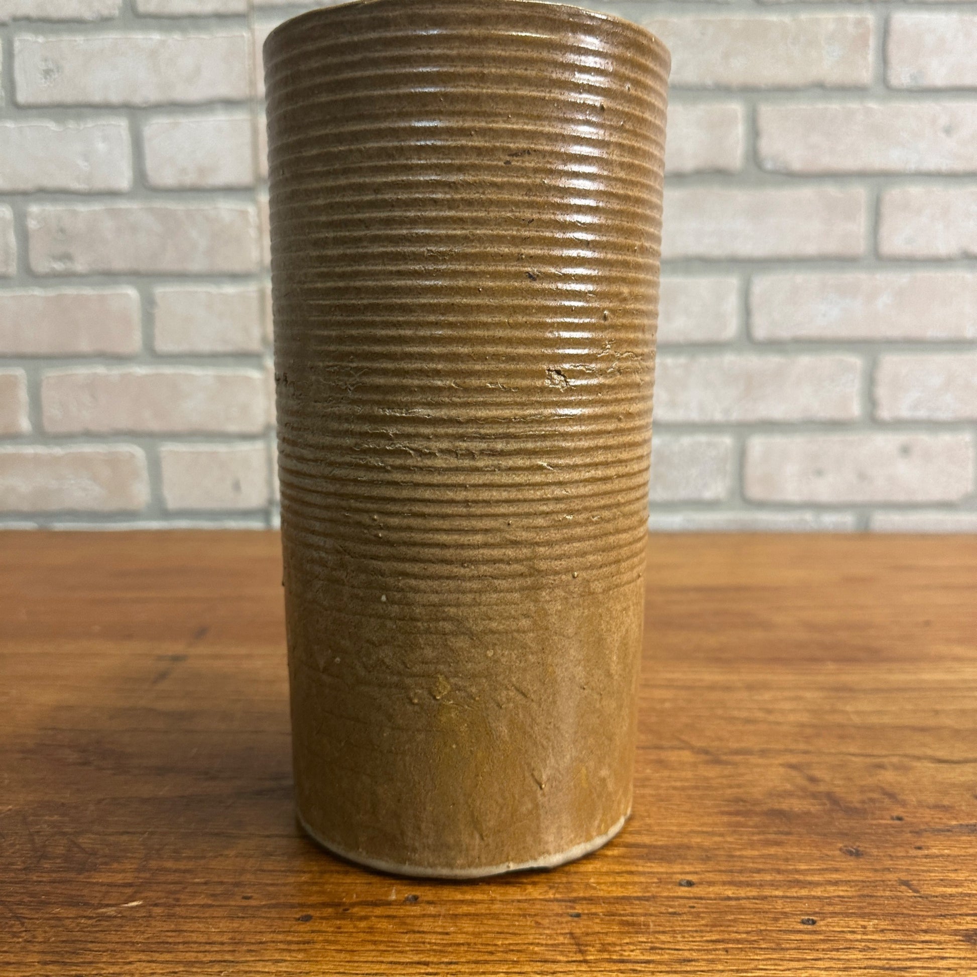 MCM Zanesville Stoneware Modern #4010 Cylinder Vase 9.5" Brown Yellow Glaze