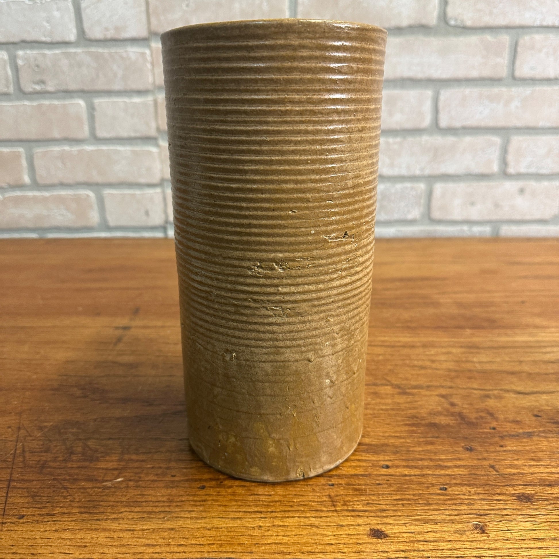 MCM Zanesville Stoneware Modern #4010 Cylinder Vase 9.5" Brown Yellow Glaze