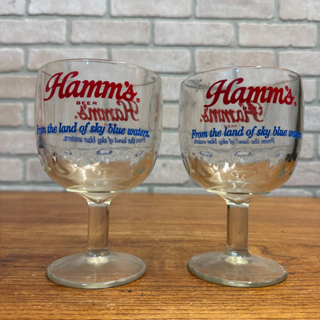 Vintage Pair Hamm’s Beer Goblet Thumbprint Heavy Stemmed Schooner Glass 6" Barware