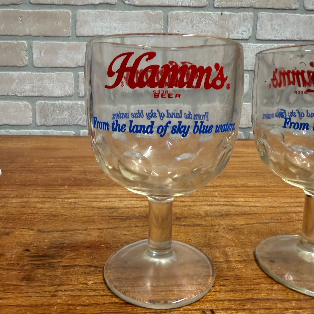 Vintage Pair Hamm’s Beer Goblet Thumbprint Heavy Stemmed Schooner Glass 6" Barware