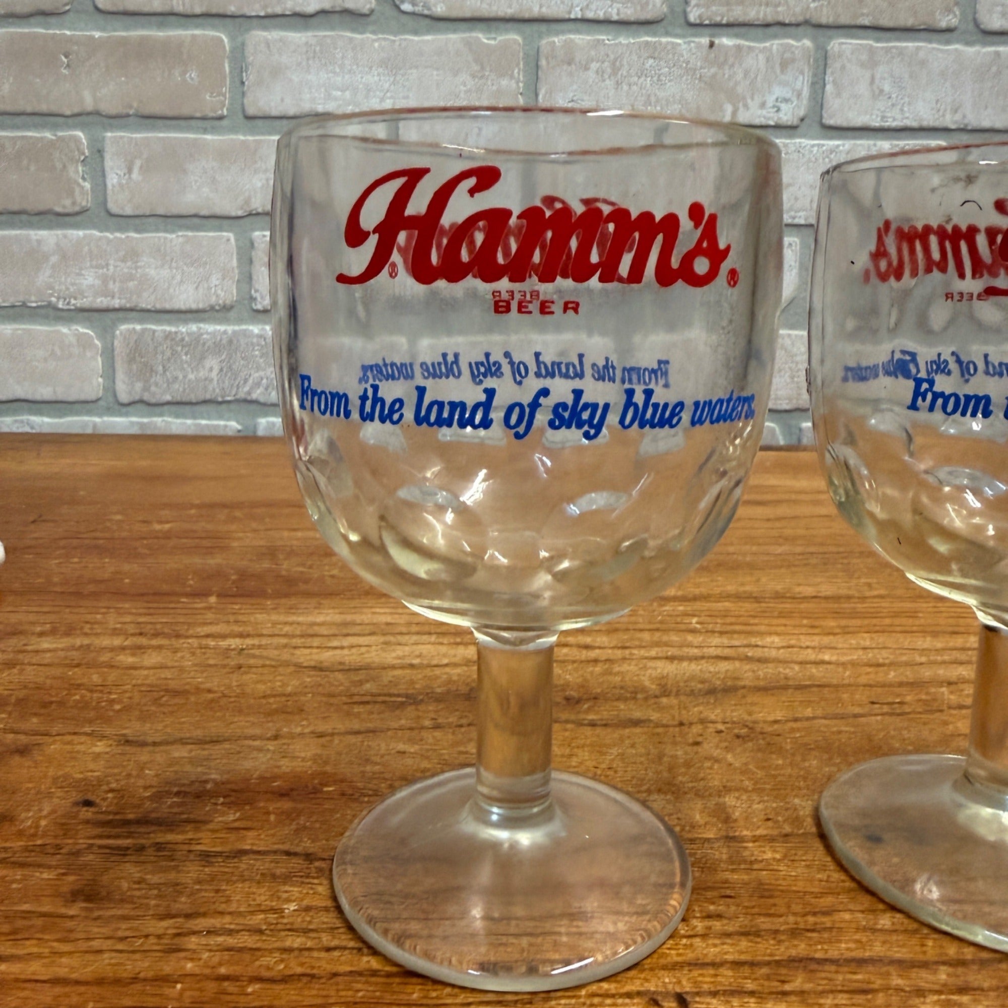 Vintage Pair Hamm’s Beer Goblet Thumbprint Heavy Stemmed Schooner Glass 6" Barware