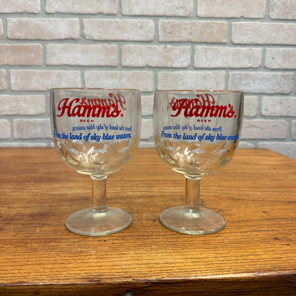 Vintage Pair Hamm’s Beer Goblet Thumbprint Heavy Stemmed Schooner Glass 6" Barware