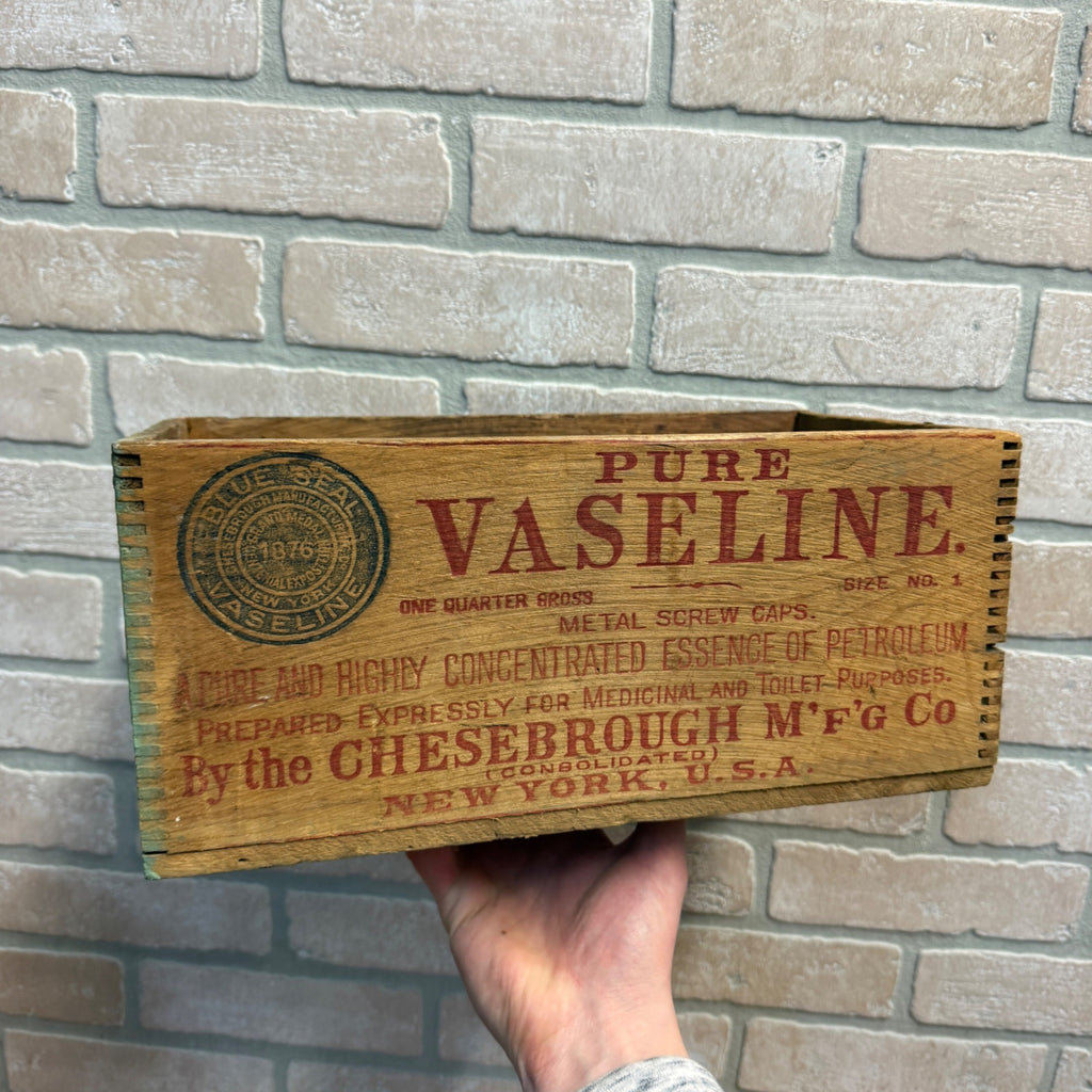 Vintage Pure Vaseline Wooden Advertising Crate Blue Seal Stamp Box New York