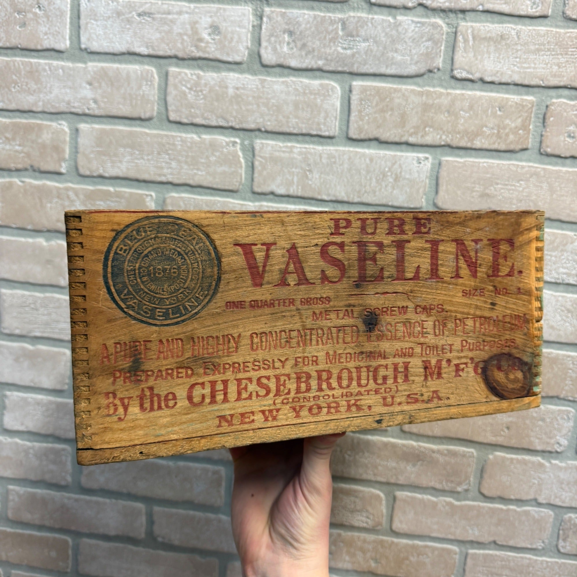 Vintage Pure Vaseline Wooden Advertising Crate Blue Seal Stamp Box New York