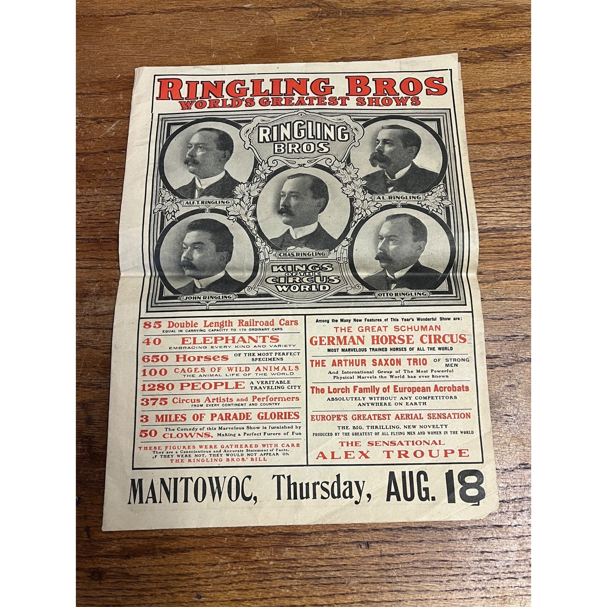 Vintage c1910 Ringling Bros Circus Manitowoc Wis Wisconsin Program Poster Bill