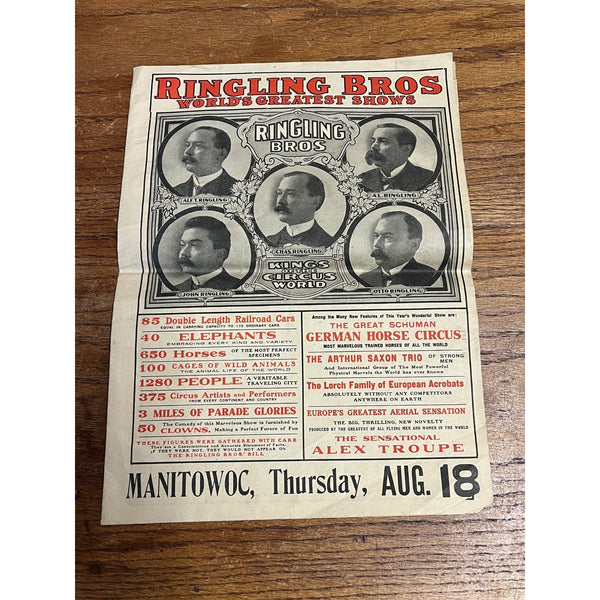 Vintage c1910 Ringling Bros Circus Manitowoc Wis Wisconsin Program Poster Bill