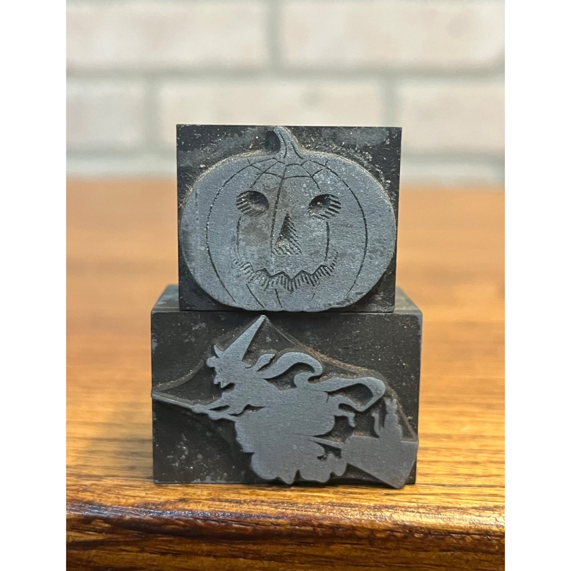 Antique Vintage Halloween Flying Witch & JOL Metal Letterpress Printing Blocks