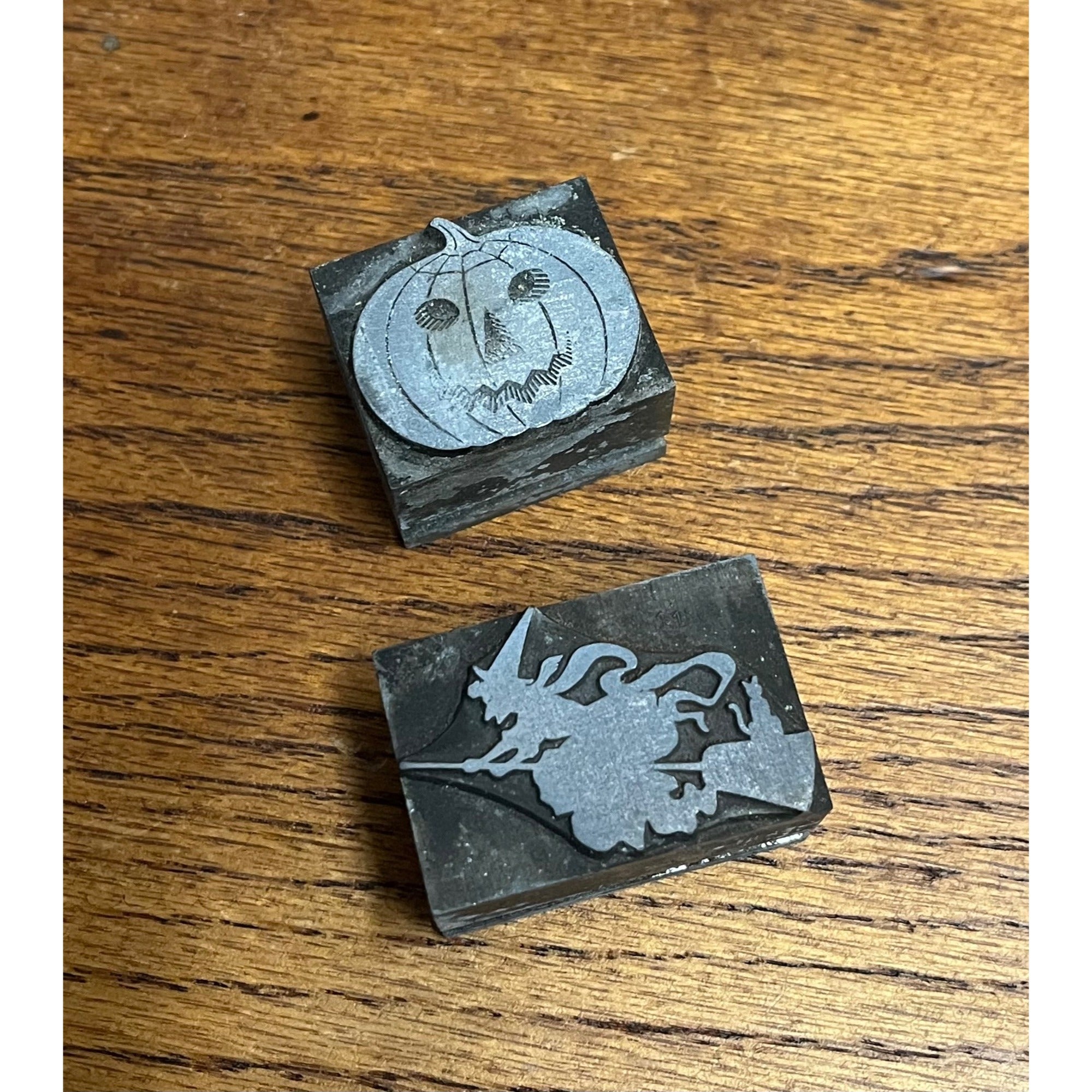 Antique Vintage Halloween Flying Witch & JOL Metal Letterpress Printing Blocks