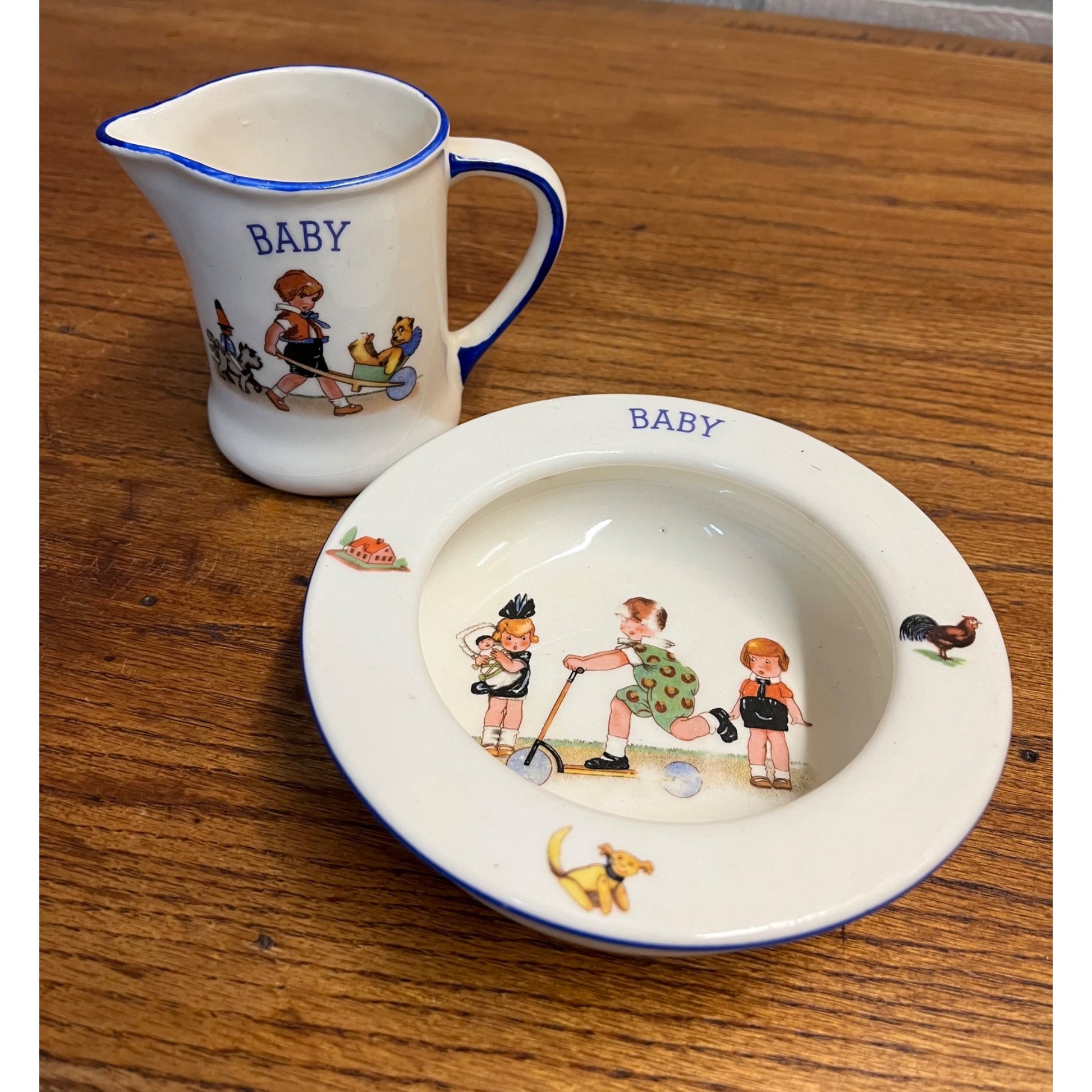 Vintage 1930s Czech Baby Child Pottery Milk Pitcher Creamer + Bowl