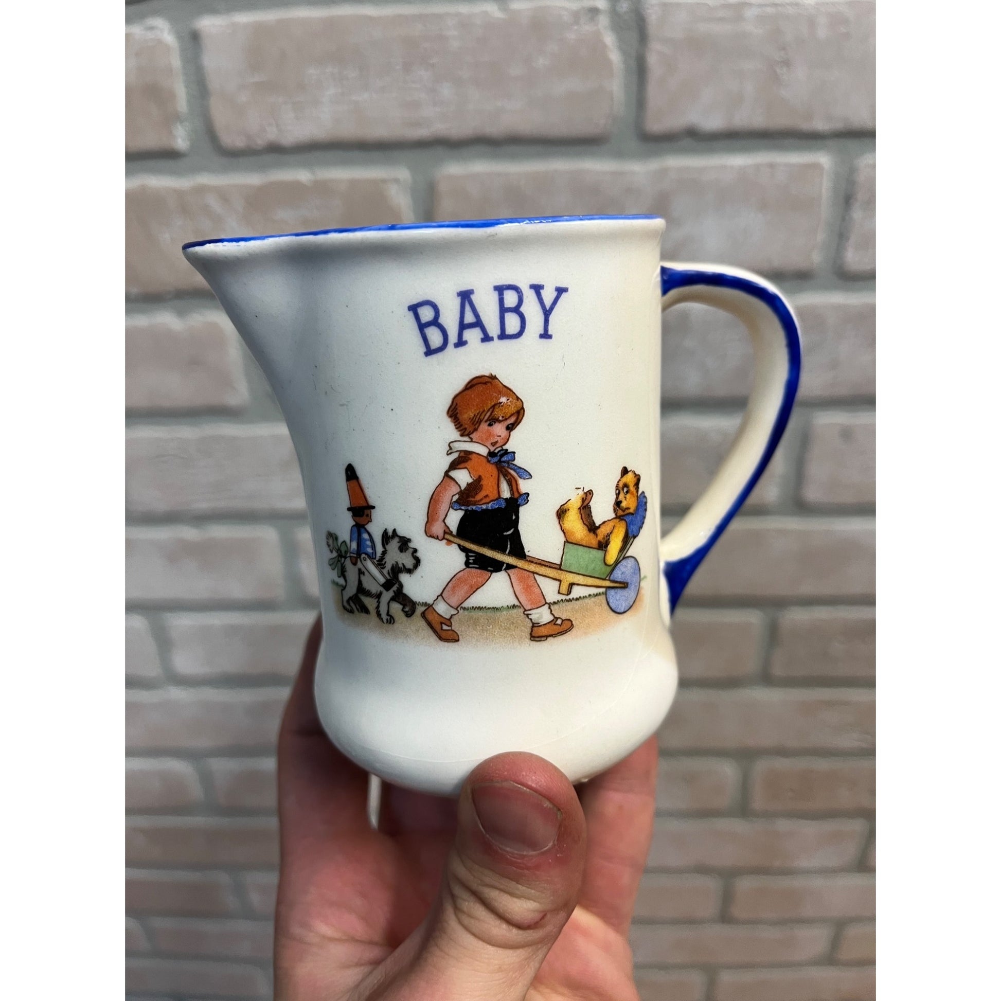 Vintage 1930s Czech Baby Child Pottery Milk Pitcher Creamer + Bowl