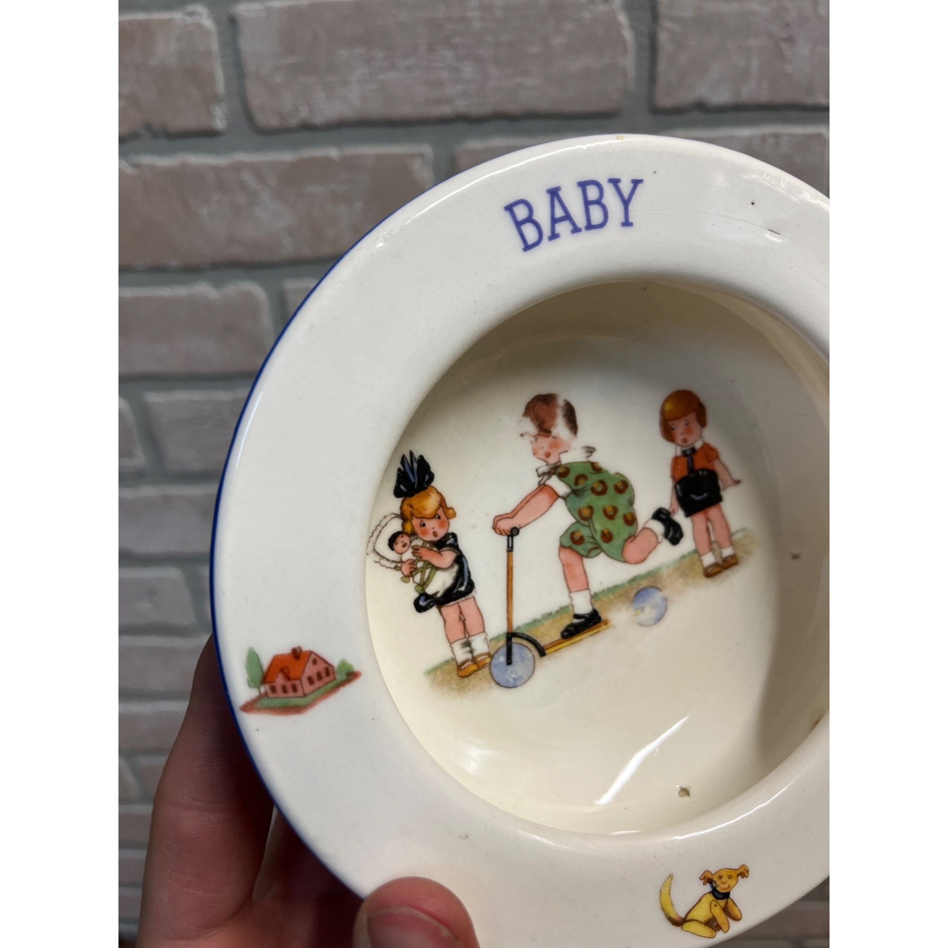 Vintage 1930s Czech Baby Child Pottery Milk Pitcher Creamer + Bowl