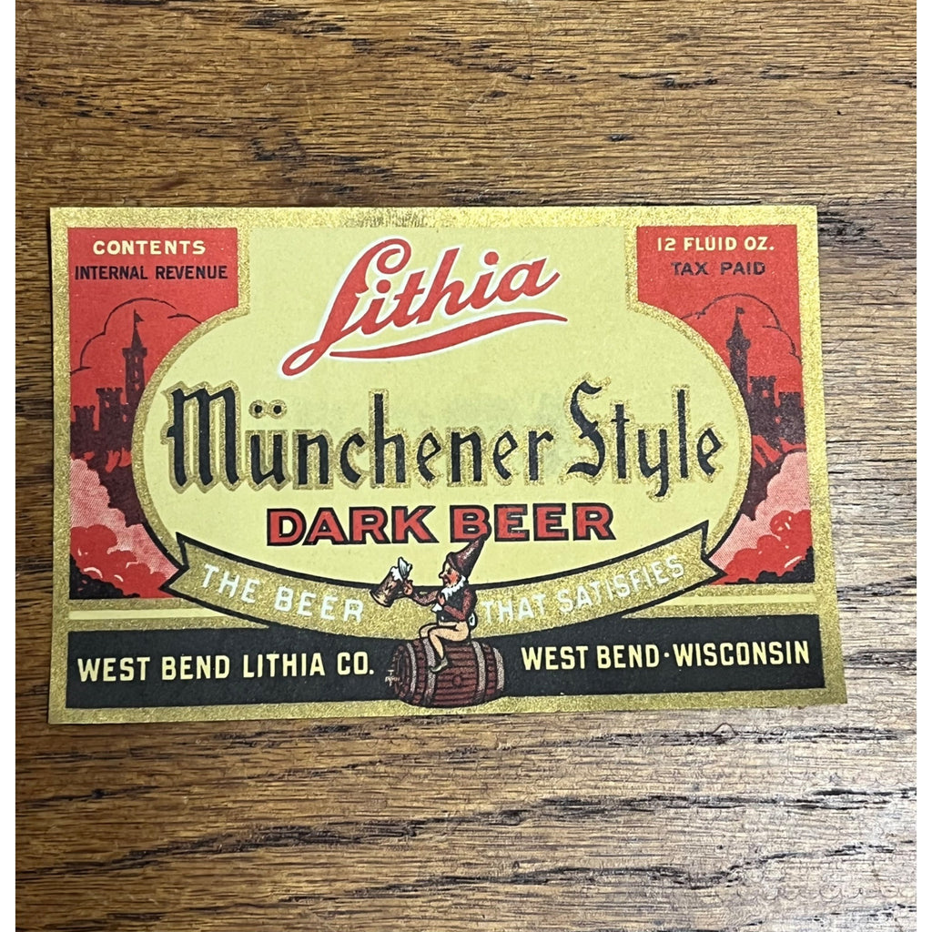 1940s West Bend Lithia Munchener Style Beer Bottle Label IRTP Wis Wisconsin WI