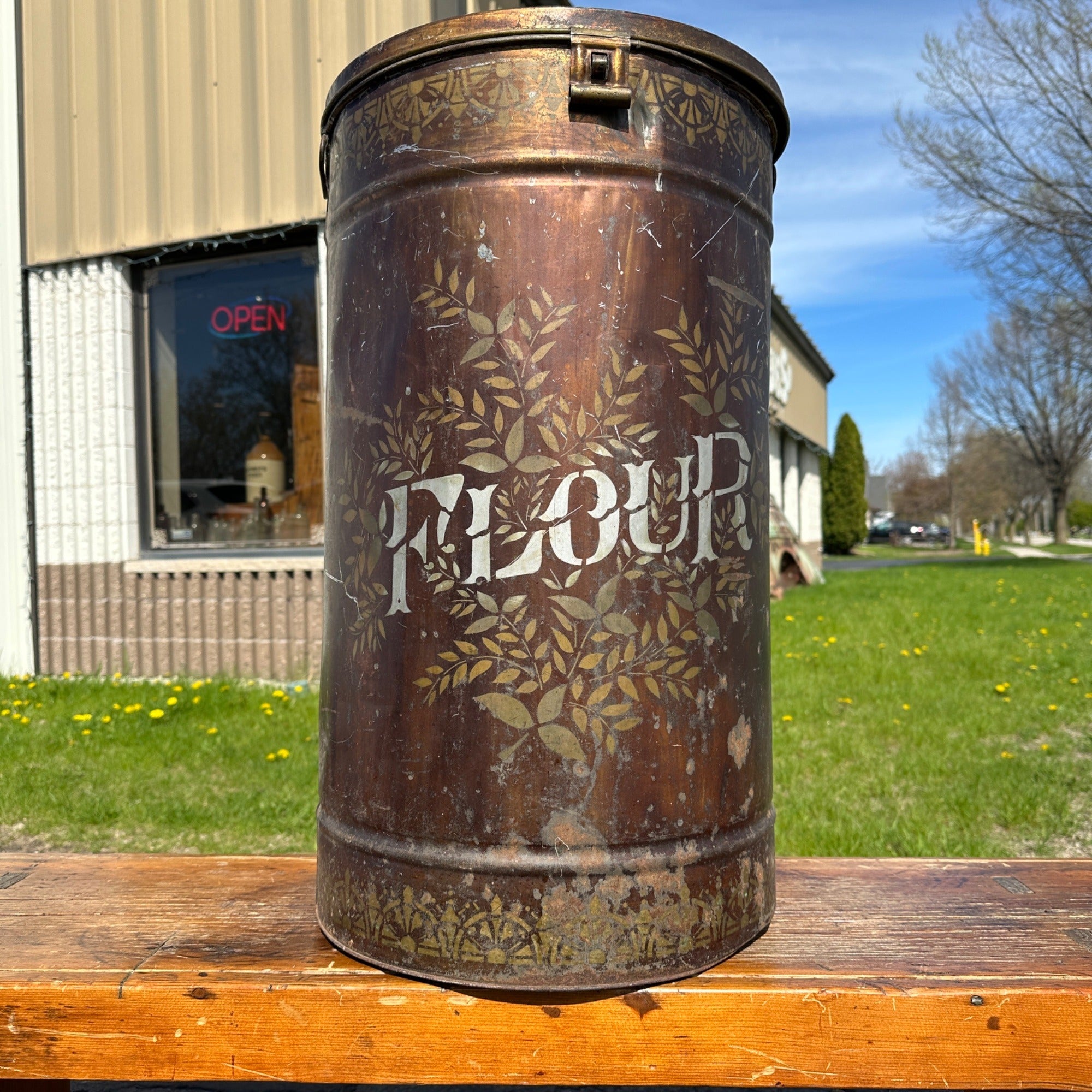 Antique Early 1900s General Store Flour Stenciled Tin Bin Primitive Farmhouse