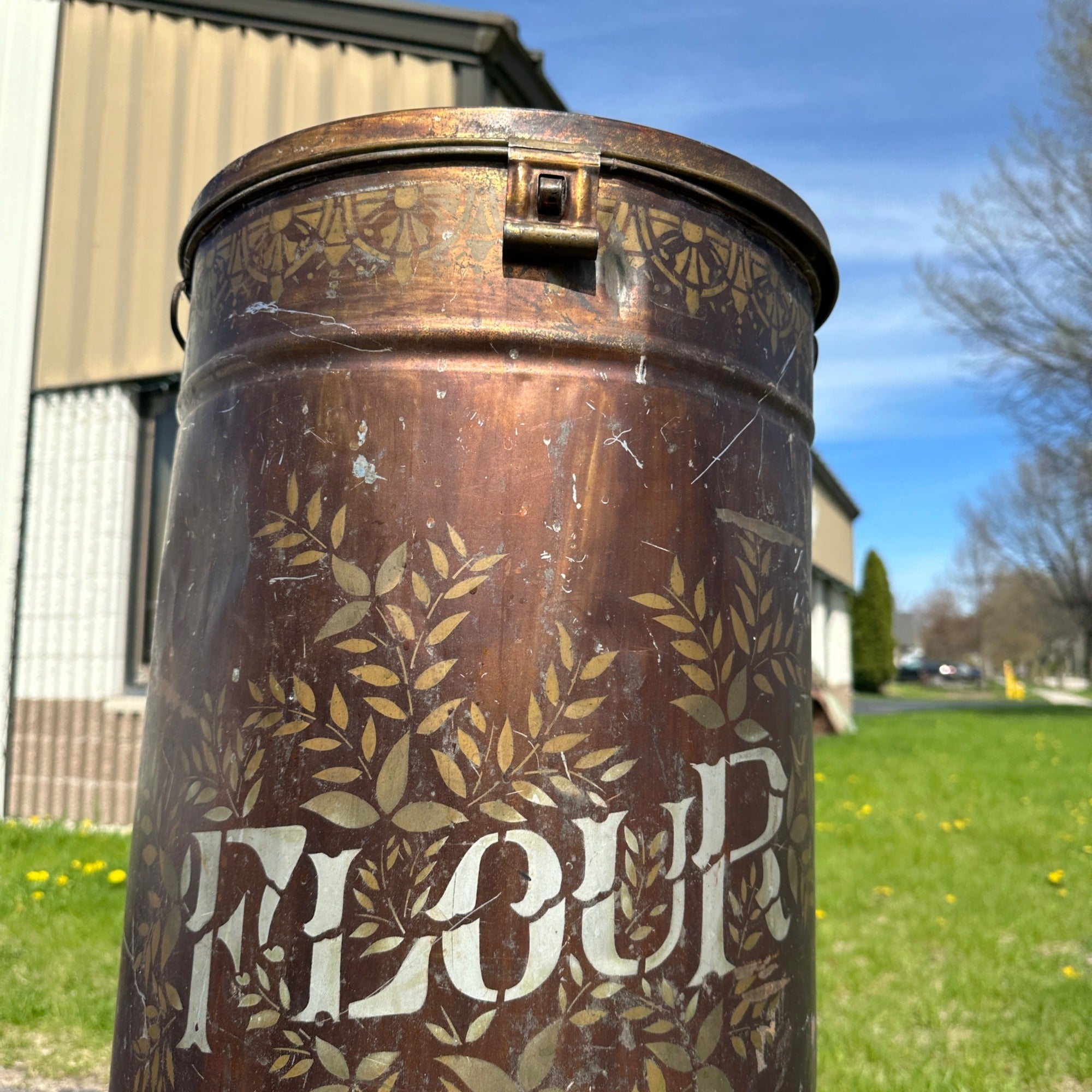 Antique Early 1900s General Store Flour Stenciled Tin Bin Primitive Farmhouse